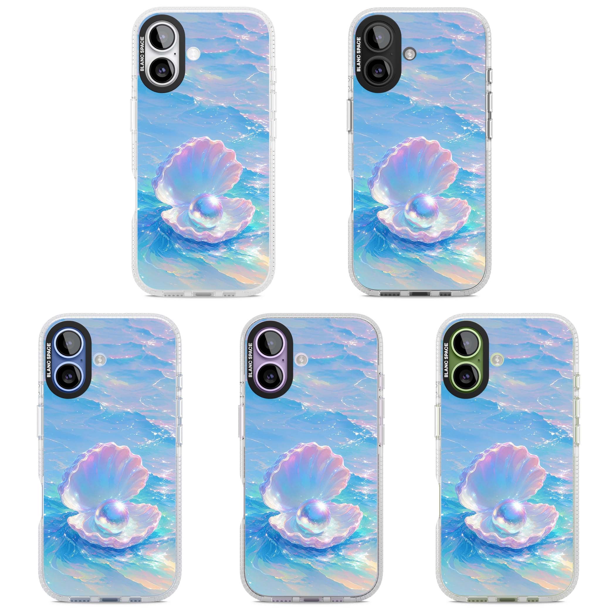 The Pearl Clam mermaidcore iPhone case featuring iridescent seashell, glowing pearl and pastel ocean waves | Clear Case Impact Air case for iPhone 17