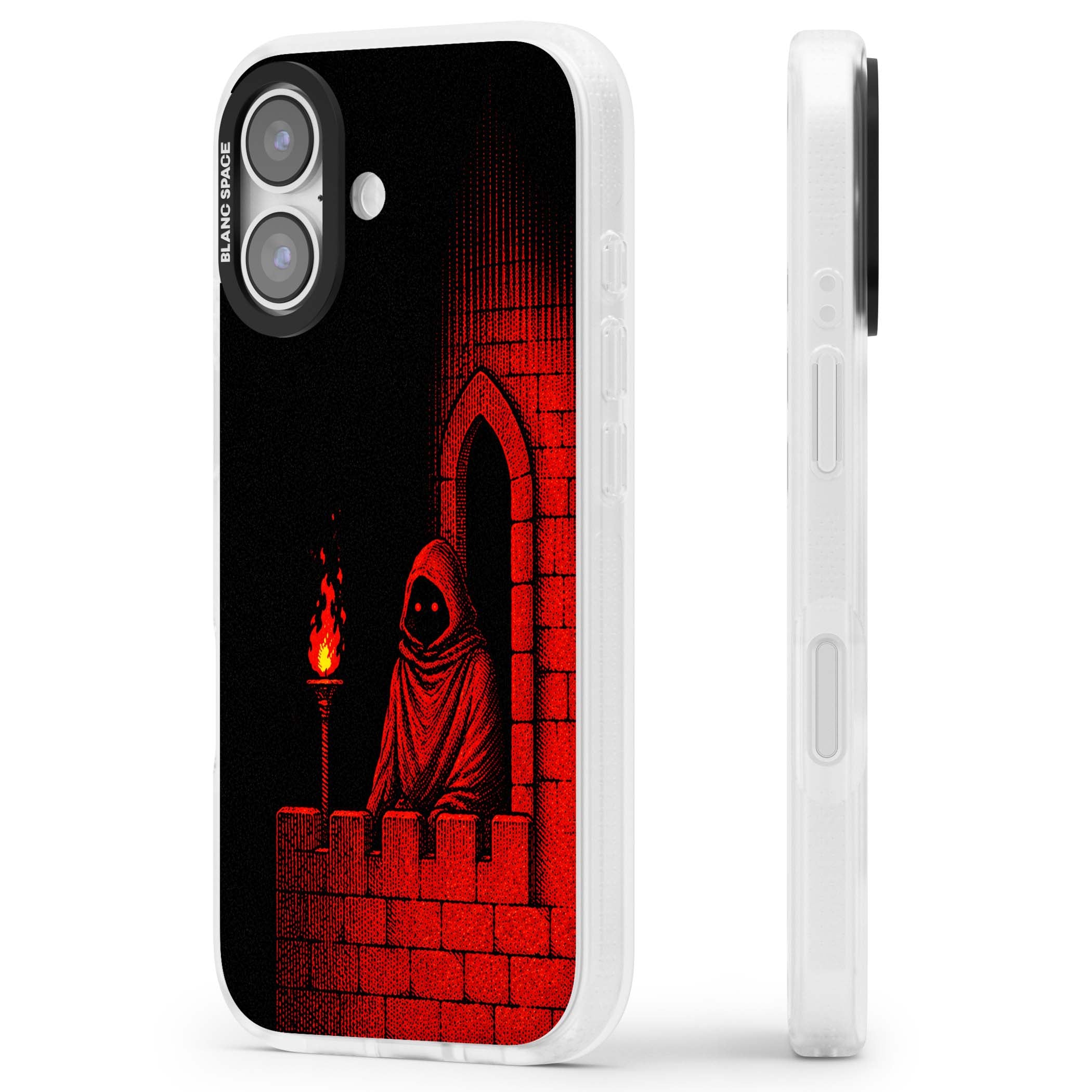 Crimson Crypt gothic iPhone case featuring a hooded reaper, torchlit crypt archway and red halftone horror art | Clear Case Impact Air case for iPhone 17