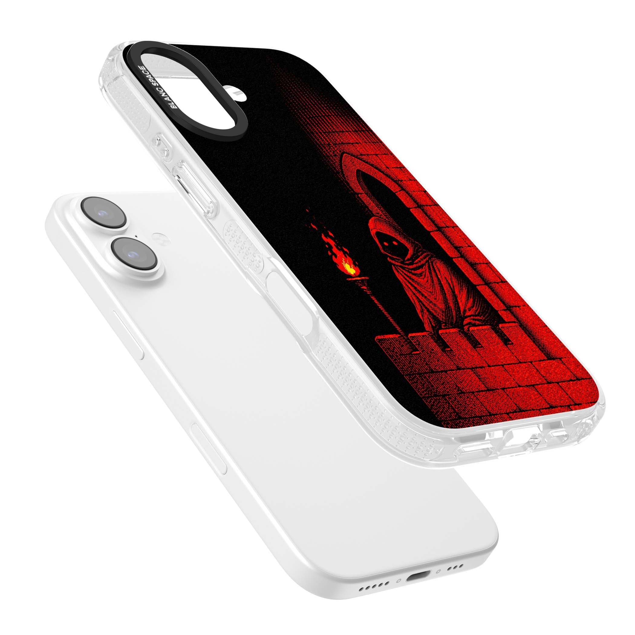 Crimson Crypt gothic iPhone case featuring a hooded reaper, torchlit crypt archway and red halftone horror art | Clear Case Impact Air case for iPhone 17