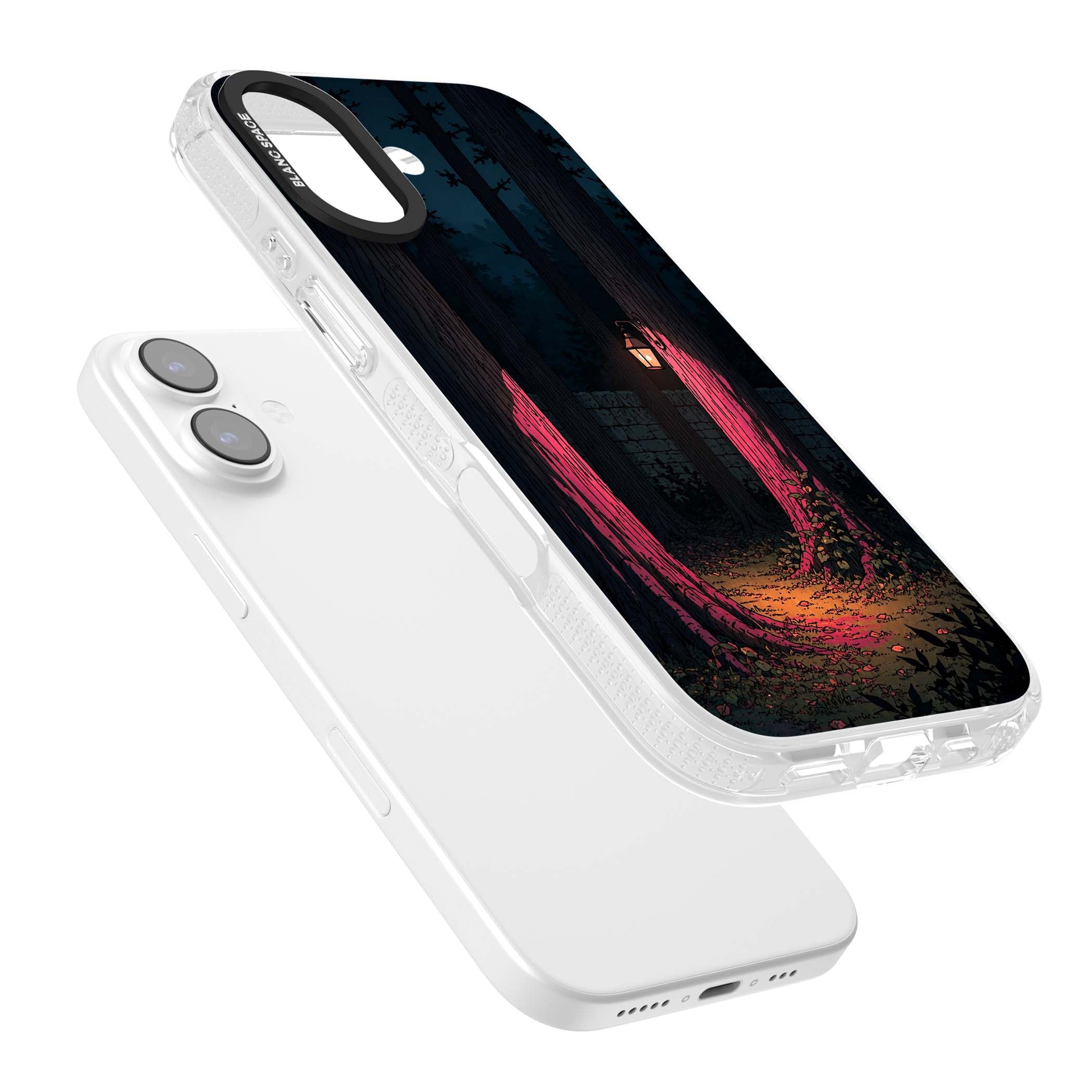 Forest Lantern dark academia iPhone case featuring a moonlit forest, glowing lantern, and stone wall pathway | Clear Case Impact Air case for iPhone 17