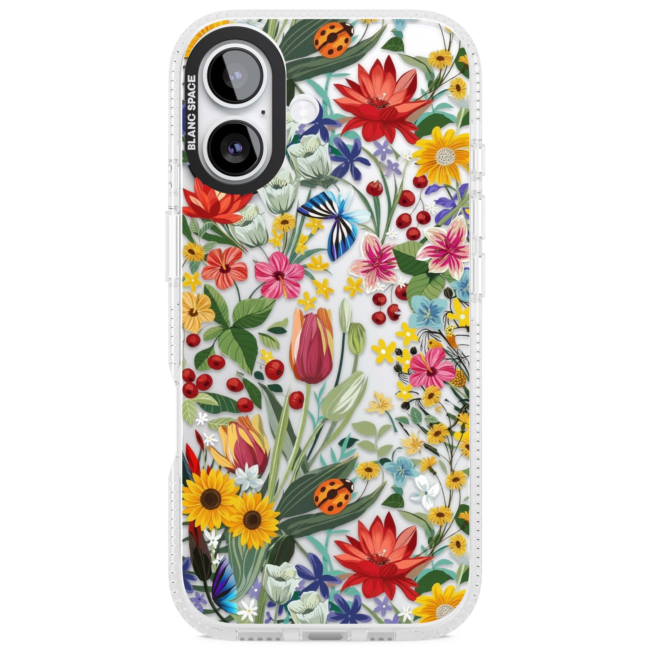 Botanical Bloom cottagecore iPhone case featuring colorful wildflowers, sunflowers, and ladybugs on clear background | Clear Case Impact Air case for iPhone 17