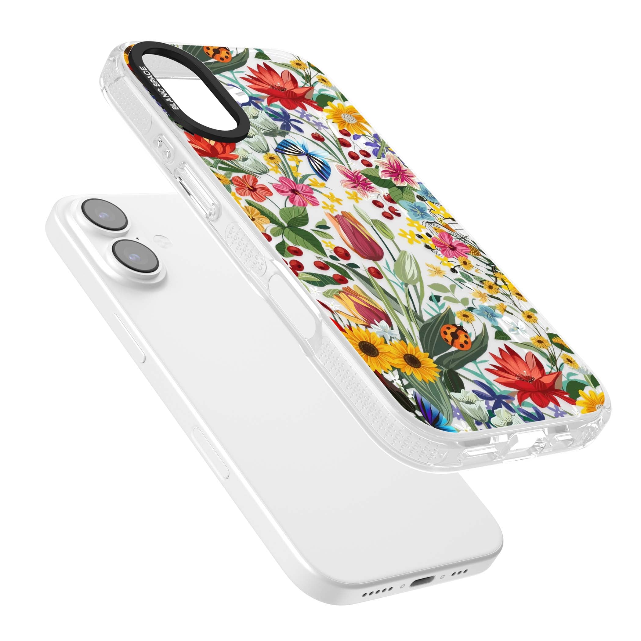 Botanical Bloom cottagecore iPhone case featuring colorful wildflowers, sunflowers, and ladybugs on clear background | Clear Case Impact Air case for iPhone 17