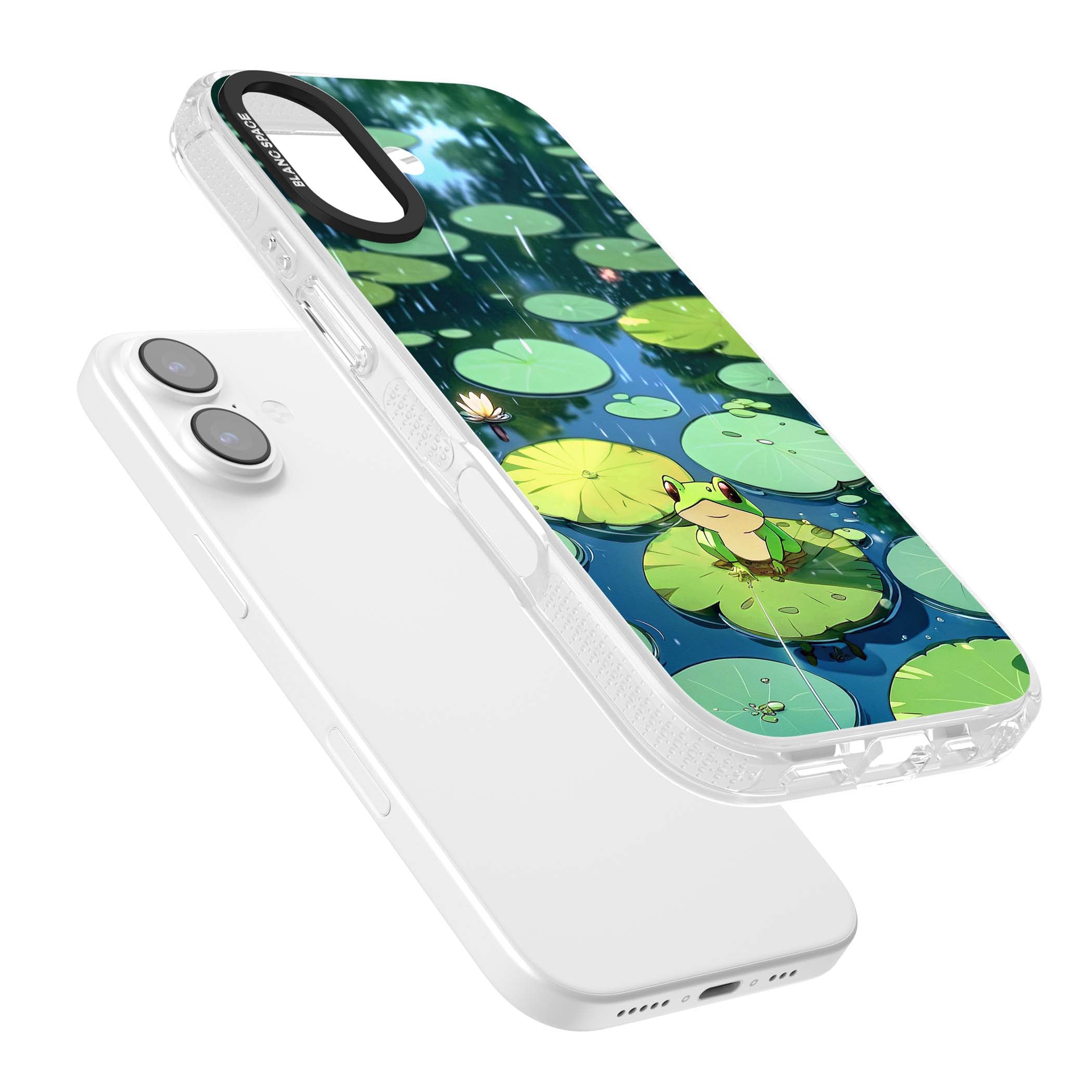 Frog In Lily Pond cottagecore iPhone case featuring a cute green frog on a lily pad with falling rain and a lotus flower | Clear Case Impact Air case for iPhone 17