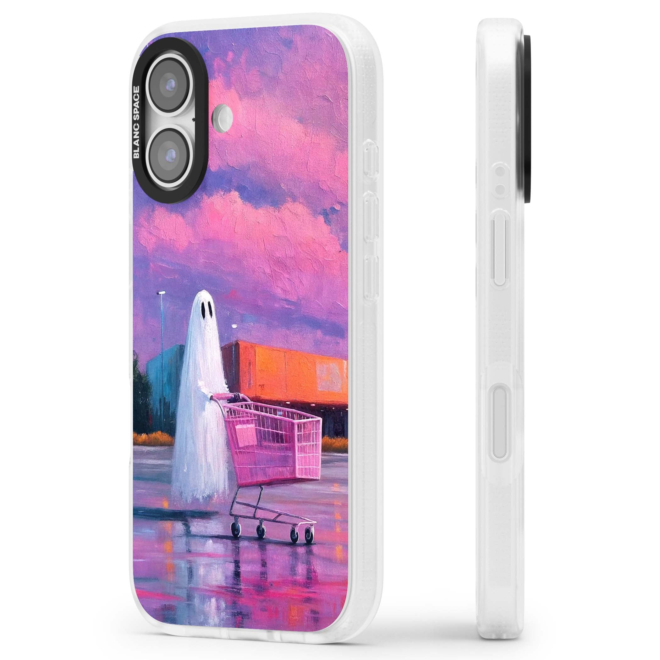A Ghost's Errand ghost halloween iPhone case featuring a painted ghost, pink shopping trolley and purple sunset sky | Clear Case Impact Air case for iPhone 17