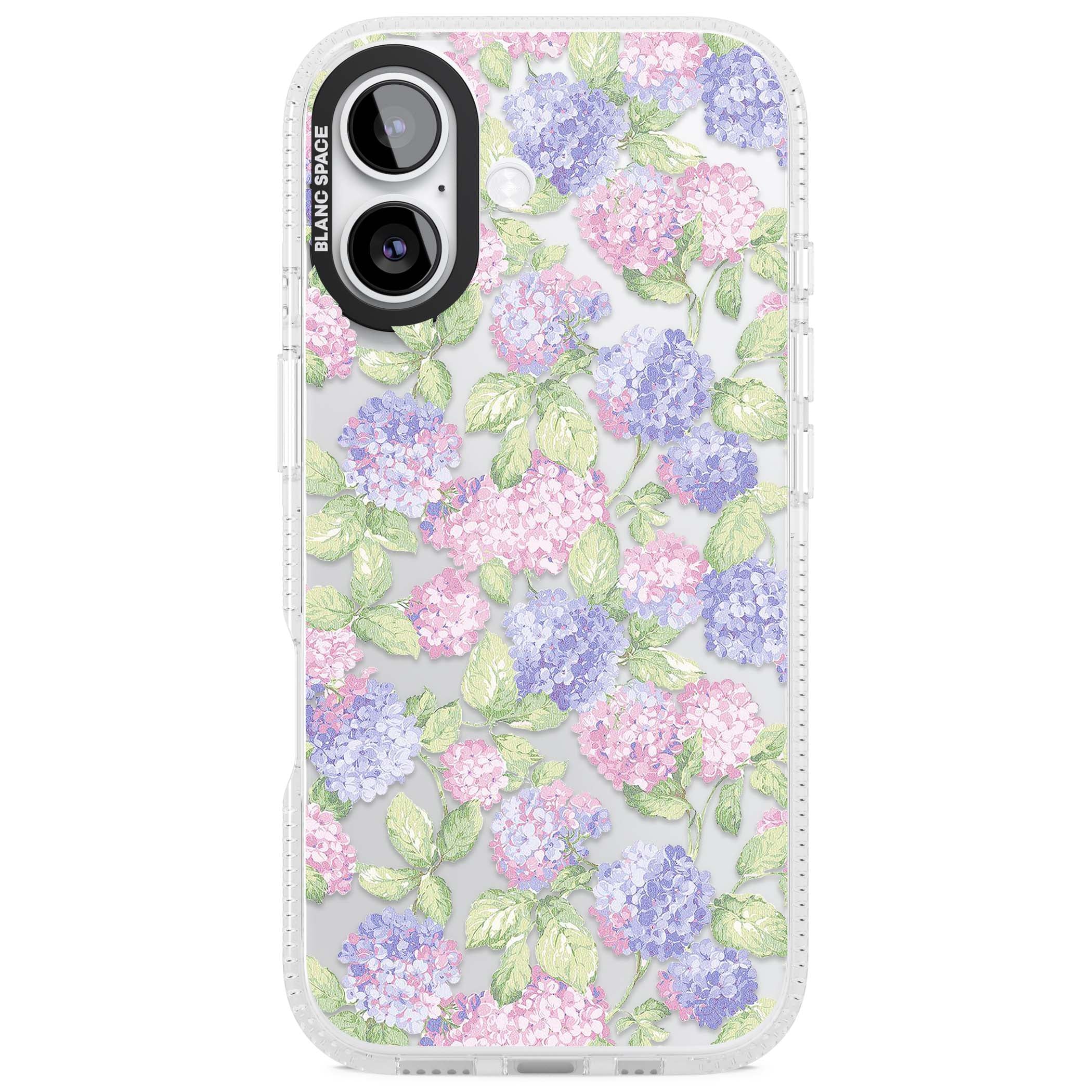 Cottage Hydrangea cottagecore iPhone case featuring pink and purple hydrangea blooms with green leaves on a clear background | Clear Case Impact Air case for iPhone 17