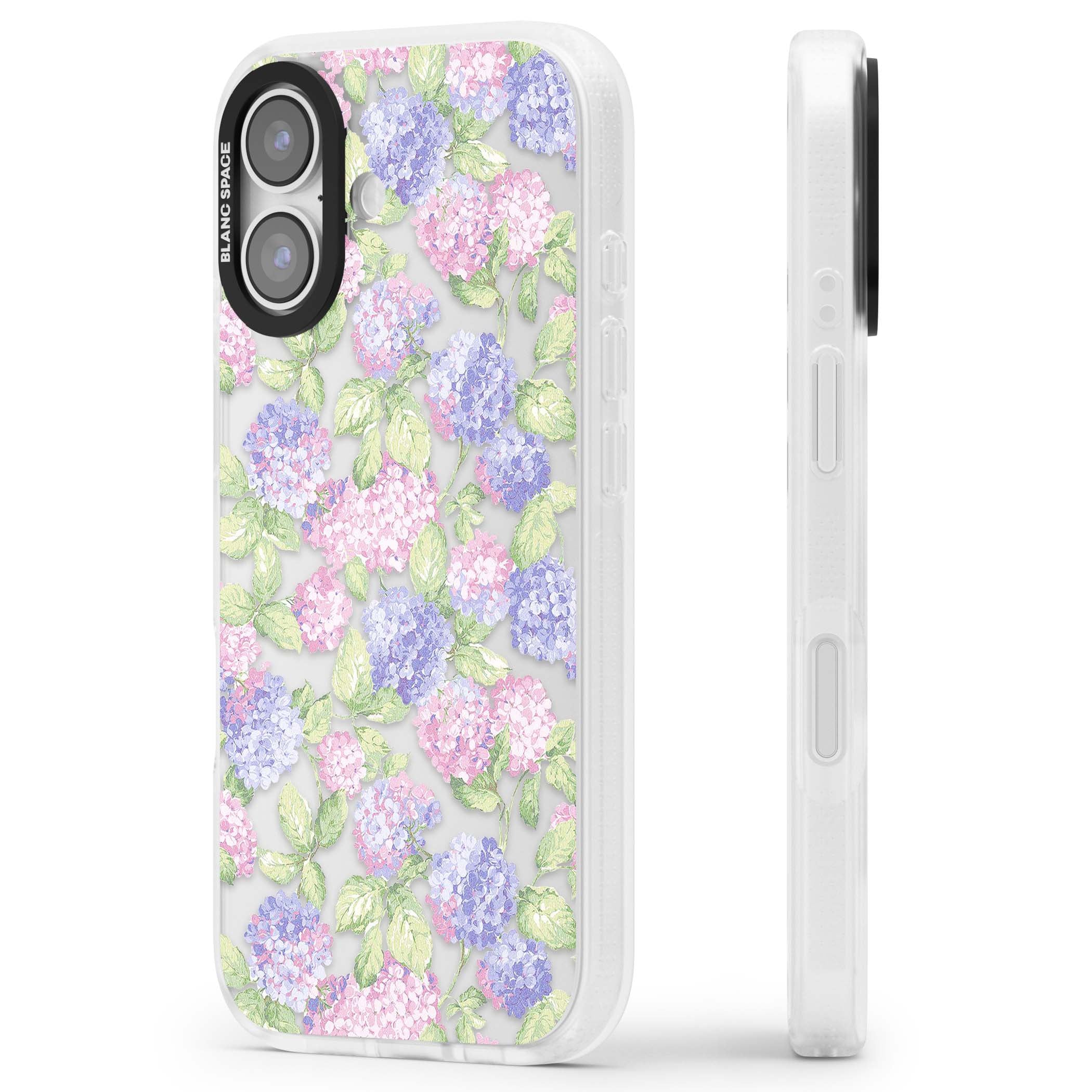 Cottage Hydrangea cottagecore iPhone case featuring pink and purple hydrangea blooms with green leaves on a clear background | Clear Case Impact Air case for iPhone 17