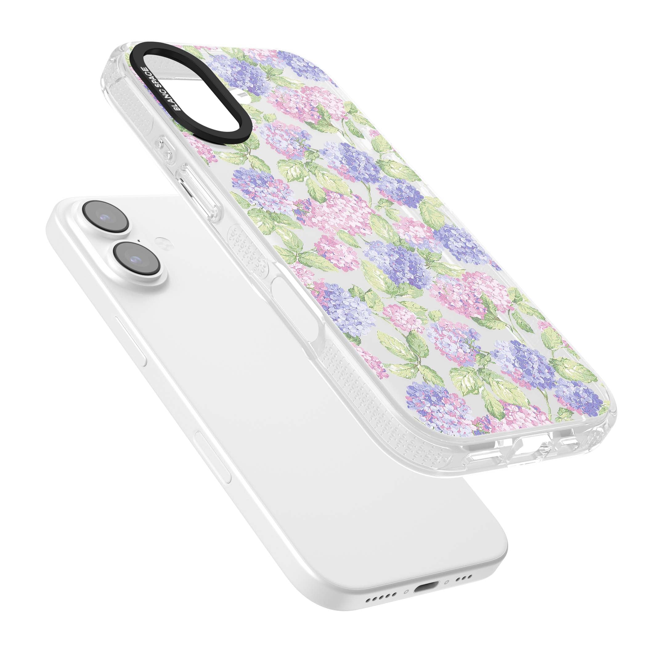Cottage Hydrangea cottagecore iPhone case featuring pink and purple hydrangea blooms with green leaves on a clear background | Clear Case Impact Air case for iPhone 17