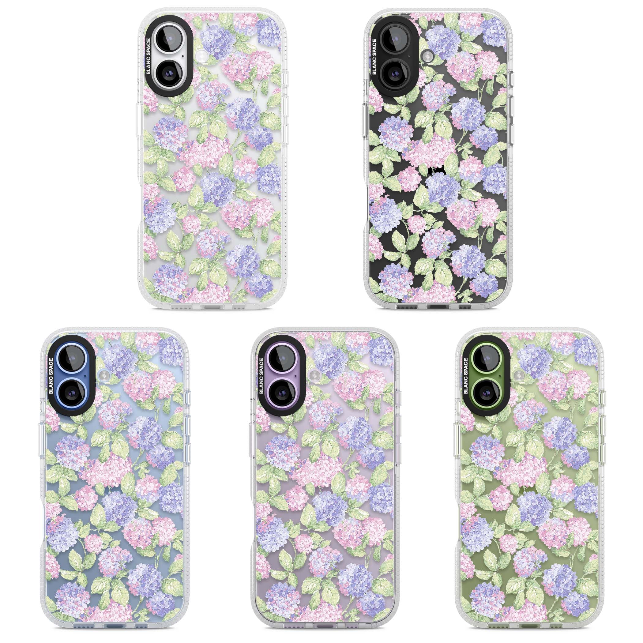 Cottage Hydrangea cottagecore iPhone case featuring pink and purple hydrangea blooms with green leaves on a clear background | Clear Case Impact Air case for iPhone 17