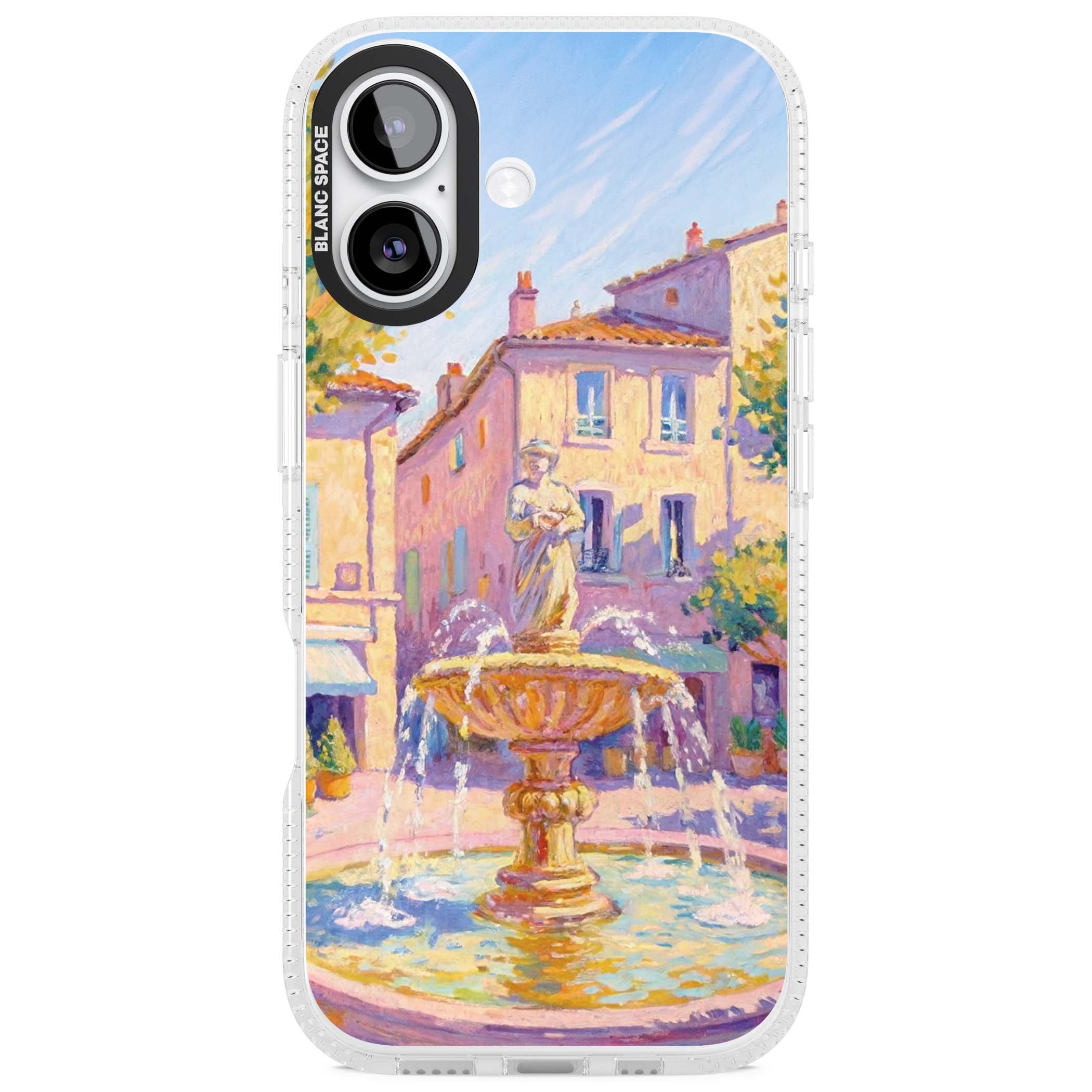 Fountain Square fine art iPhone case featuring an impressionist Provençal fountain, pastel village buildings and summe | Clear Case Impact Air case for iPhone 17