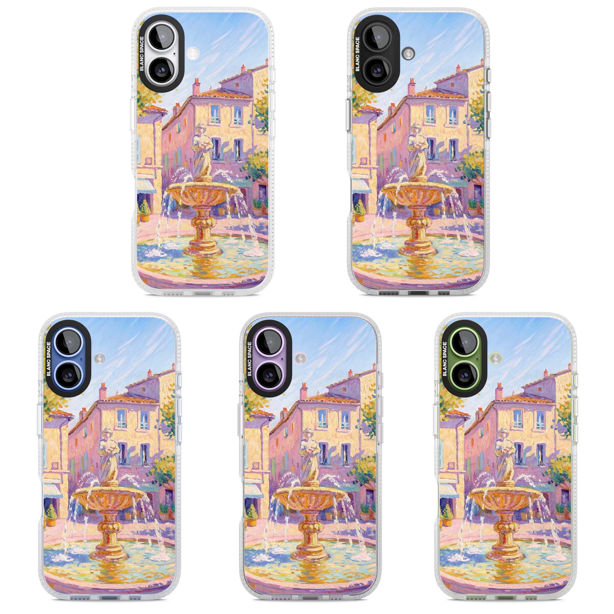 Fountain Square fine art iPhone case featuring an impressionist Provençal fountain, pastel village buildings and summe | Clear Case Impact Air case for iPhone 17