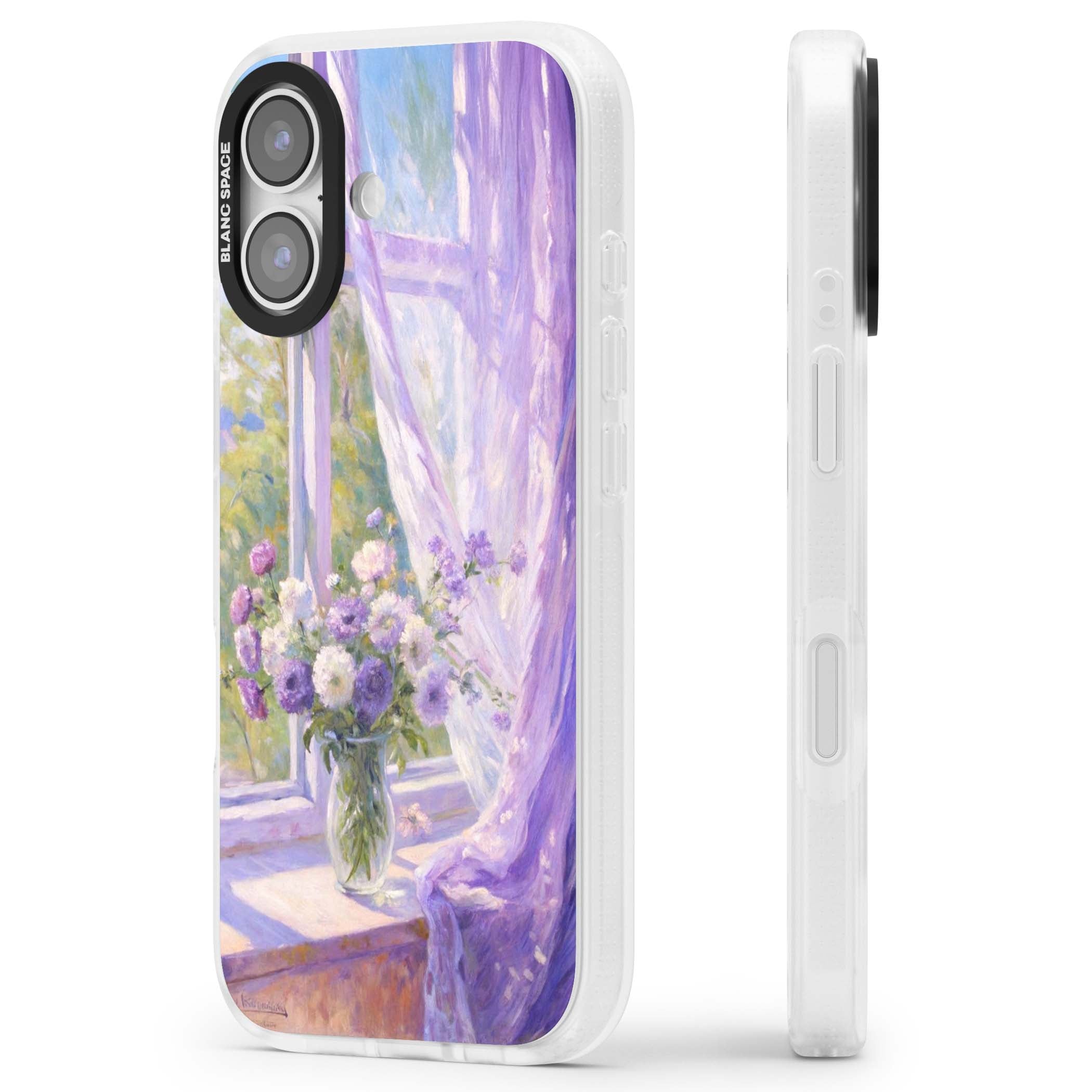 A Provence Morning impressionist art iPhone case featuring a vase of purple flowers, sunlit window and sheer curt | Clear Case Impact Air case for iPhone 17