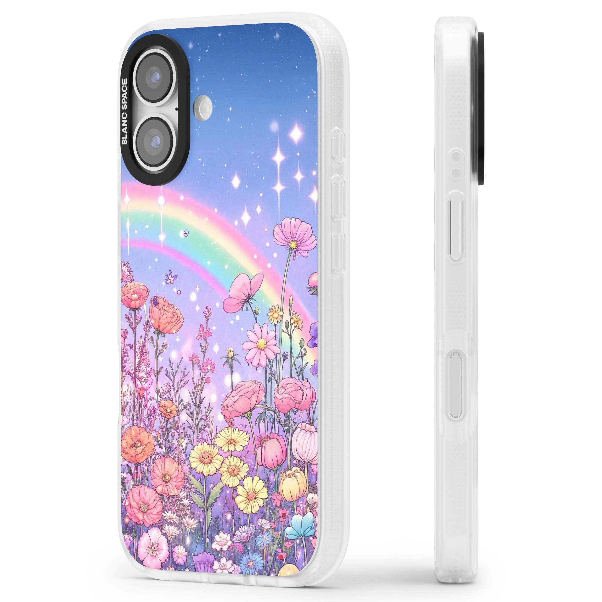 Magical Meadow fairycore iPhone case featuring a pastel rainbow, sparkling stars and a wildflower meadow | Clear Case Impact Air case for iPhone 17
