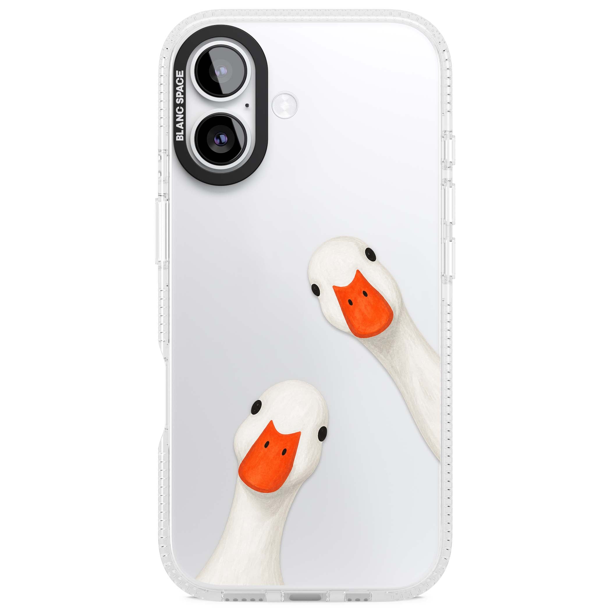 Nosy Ducks cottagecore iPhone case featuring two peeking white ducks with orange beaks on a clear background | Clear Case Impact Air case for iPhone 17