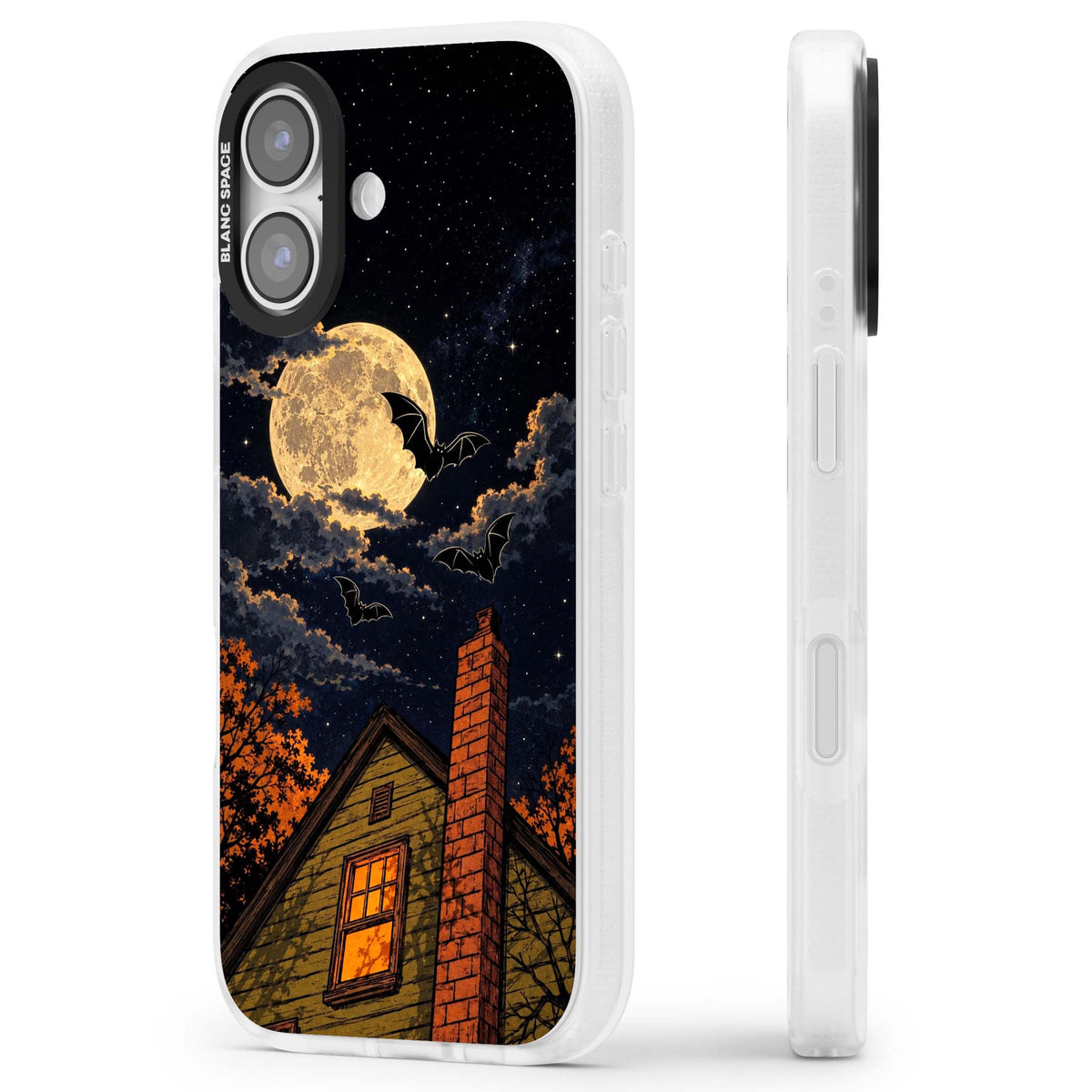 Hollows Eve Halloween iPhone case featuring a haunted house, full moon and flying bats against a starry autumn sky | Clear Case Impact Air case for iPhone 17
