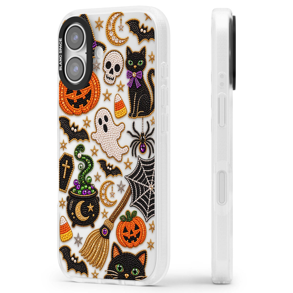 Beaded Halloween Halloween iPhone case featuring beaded pumpkins, ghosts, black cats and bats | Clear Case Impact Air case for iPhone 17
