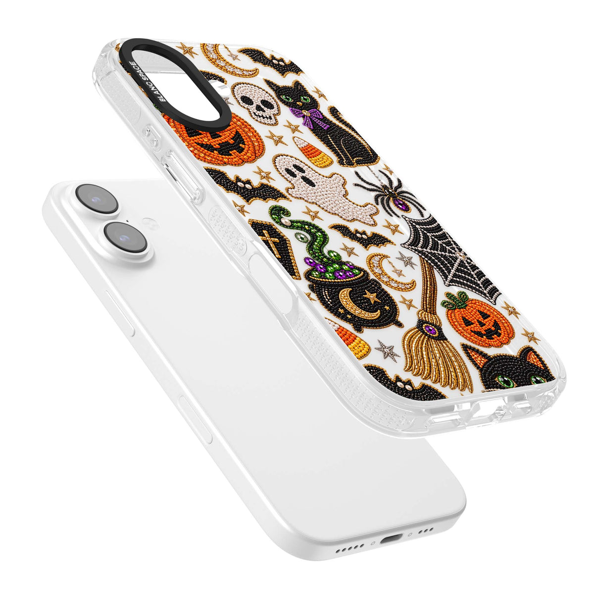 Beaded Halloween Halloween iPhone case featuring beaded pumpkins, ghosts, black cats and bats | Clear Case Impact Air case for iPhone 17