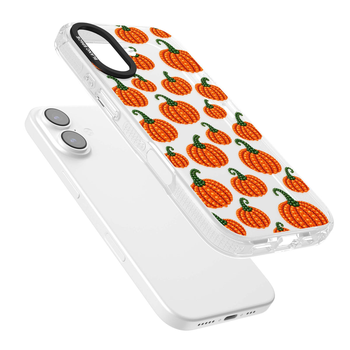 Beaded Pumpkins halloween iPhone case featuring beaded orange pumpkins with green stems on a clear background | Clear Case Impact Air case for iPhone 17