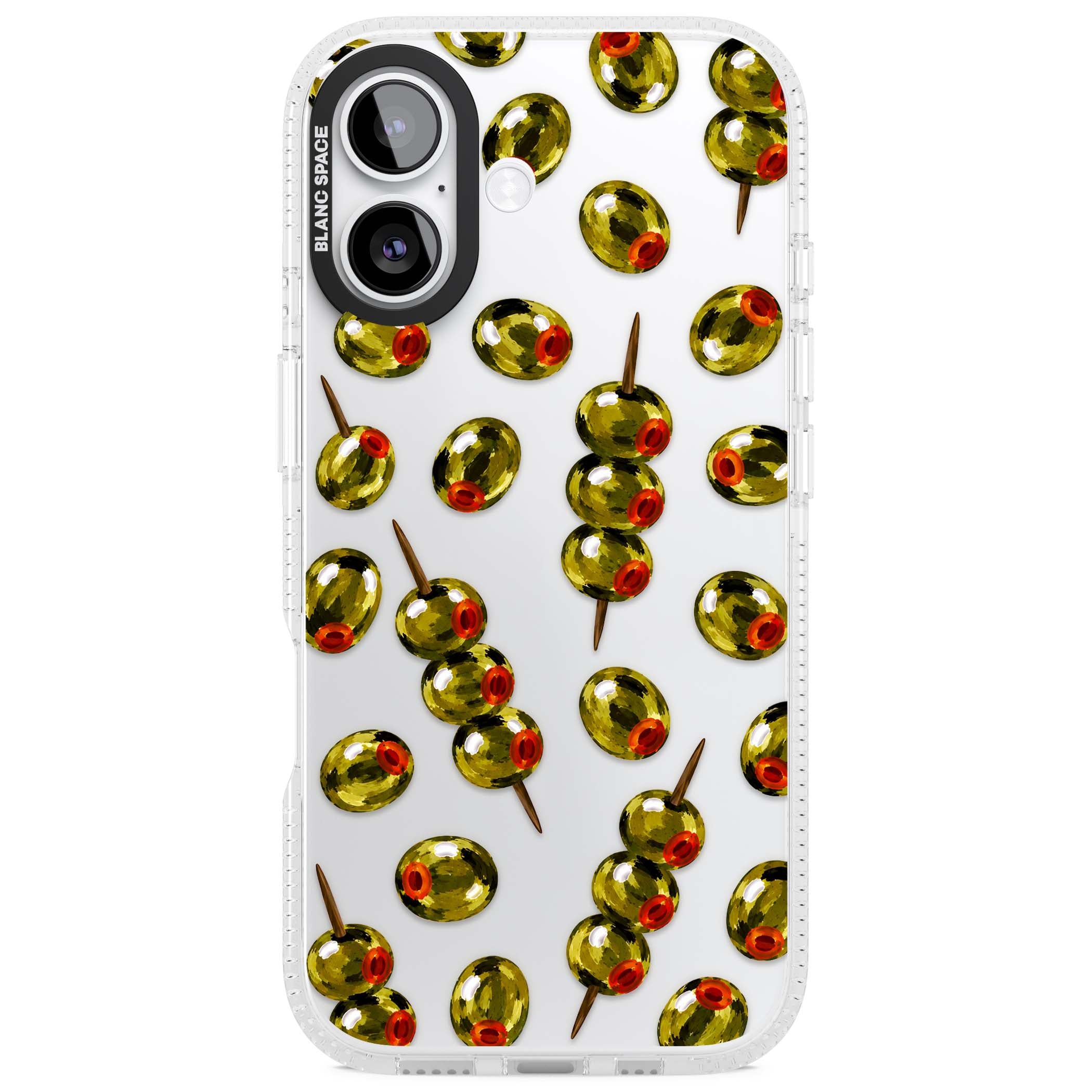 Painted Olives cocktail iPhone case featuring green olives, pimento centres and toothpick skewers on a clear background | Clear Case Impact Air case for iPhone 17