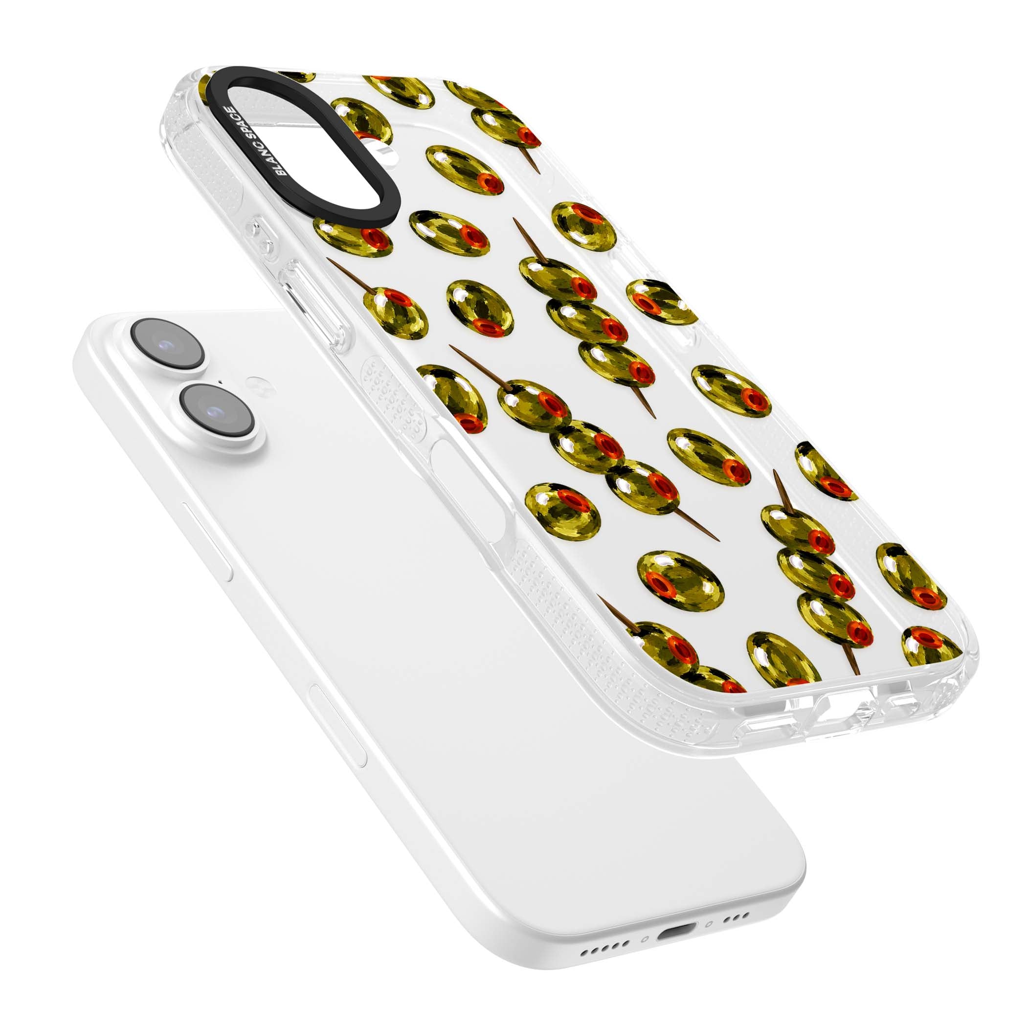Painted Olives cocktail iPhone case featuring green olives, pimento centres and toothpick skewers on a clear background | Clear Case Impact Air case for iPhone 17