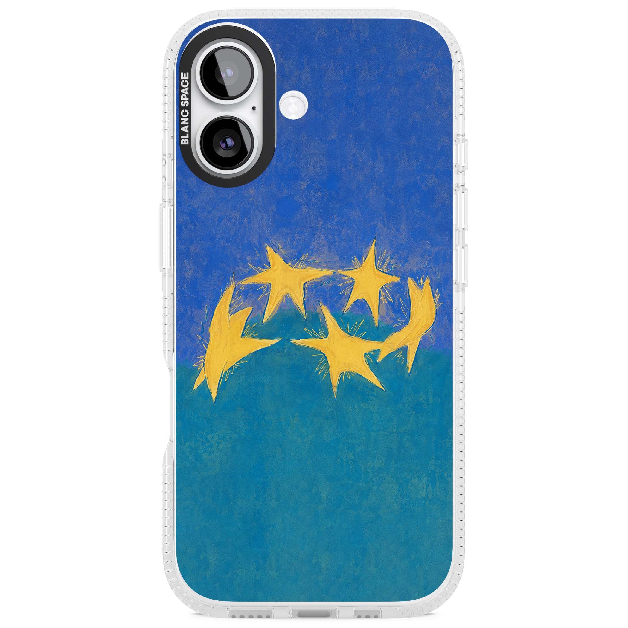 Star Boogie stars aesthetic iPhone case featuring five yellow hand-painted stars on cobalt blue and teal | Clear Case Impact Air case for iPhone 17