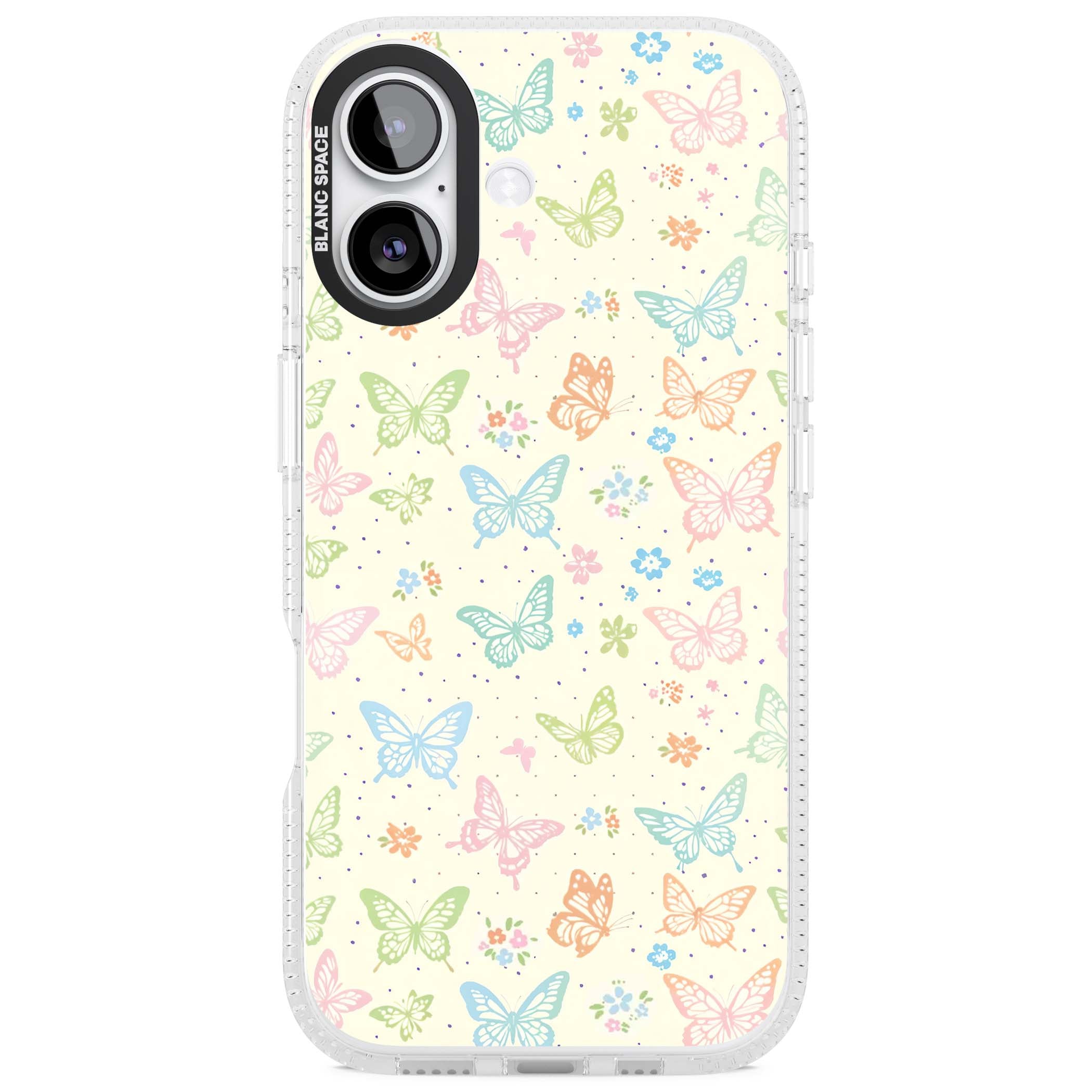 Sugar Wings cottagecore iPhone case featuring rainbow pastel butterflies, tiny wildflowers, and a cream background | Clear Case Impact Air case for iPhone 17