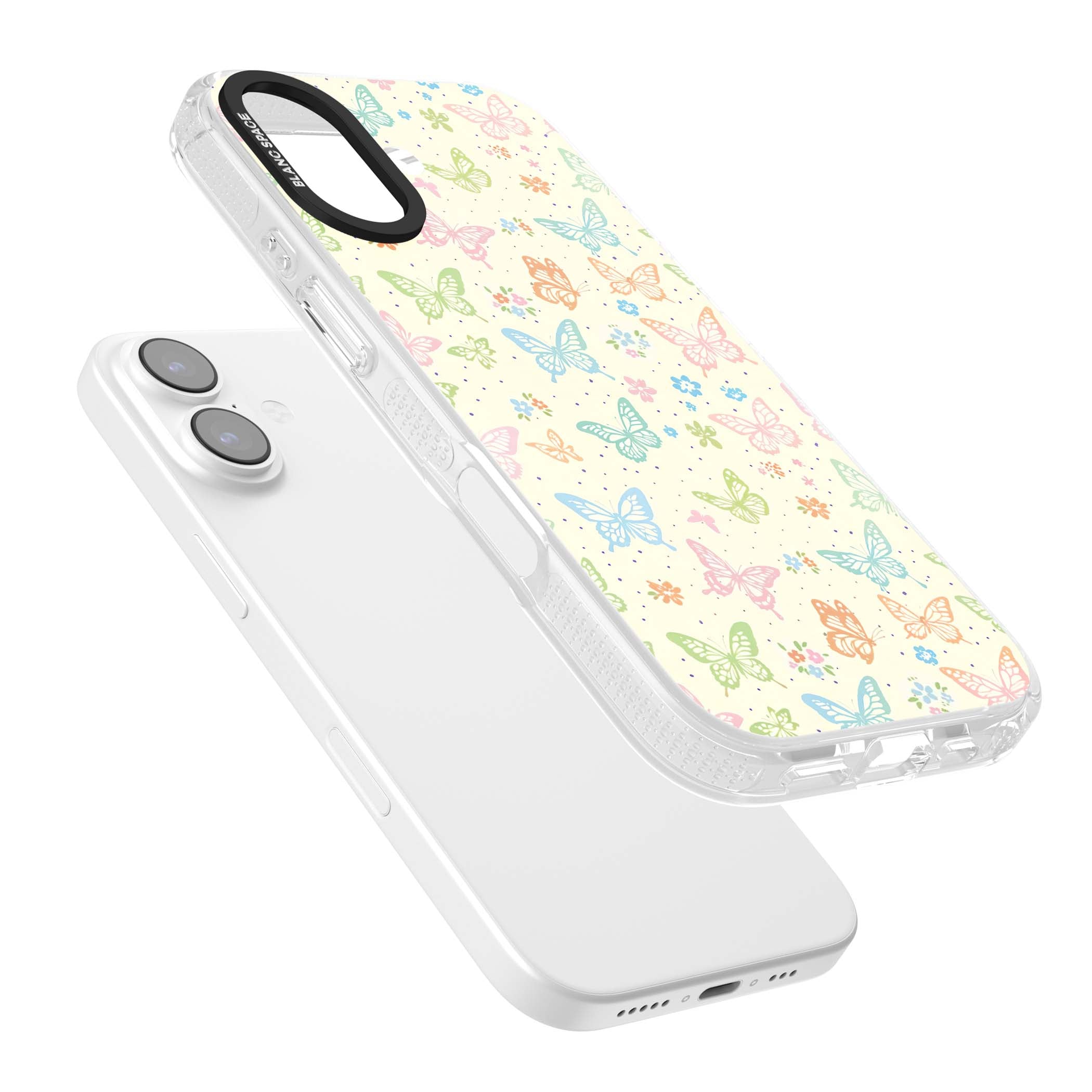 Sugar Wings cottagecore iPhone case featuring rainbow pastel butterflies, tiny wildflowers, and a cream background | Clear Case Impact Air case for iPhone 17