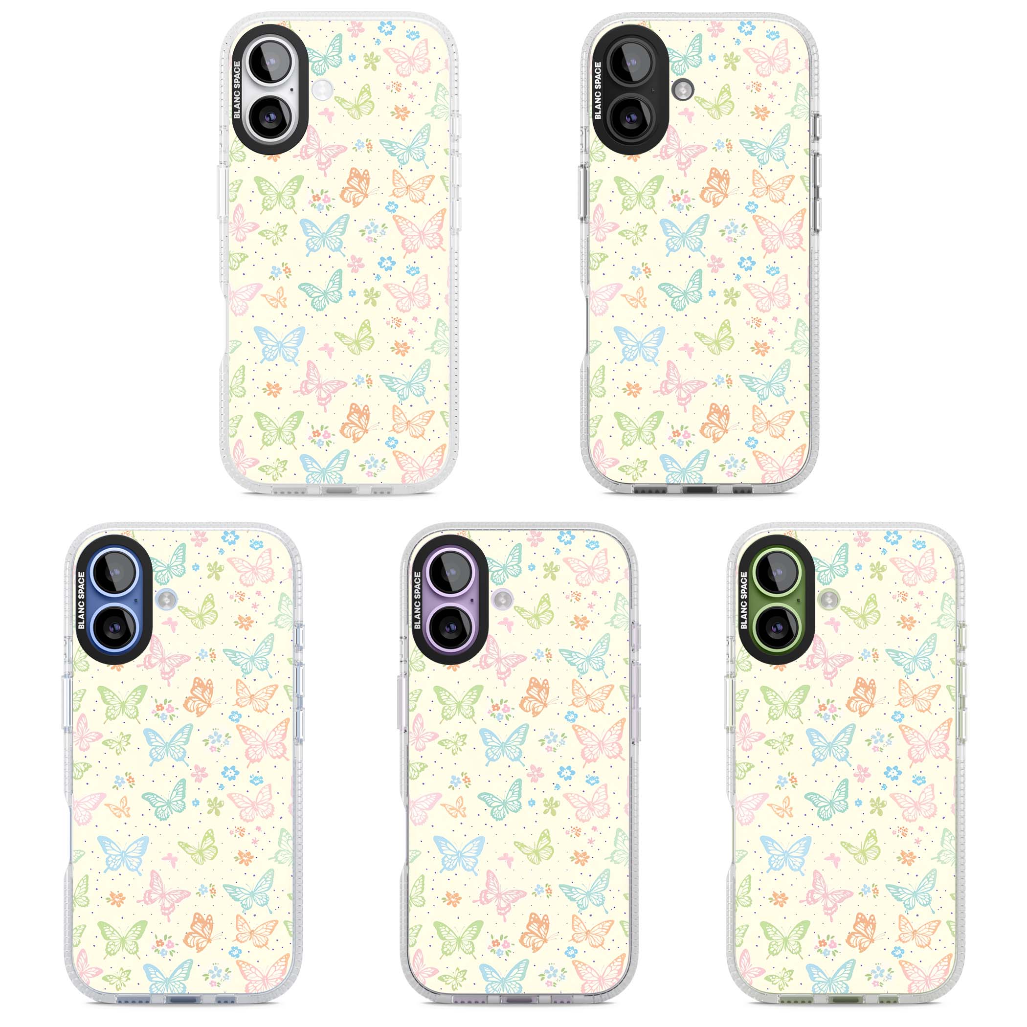 Sugar Wings cottagecore iPhone case featuring rainbow pastel butterflies, tiny wildflowers, and a cream background | Clear Case Impact Air case for iPhone 17