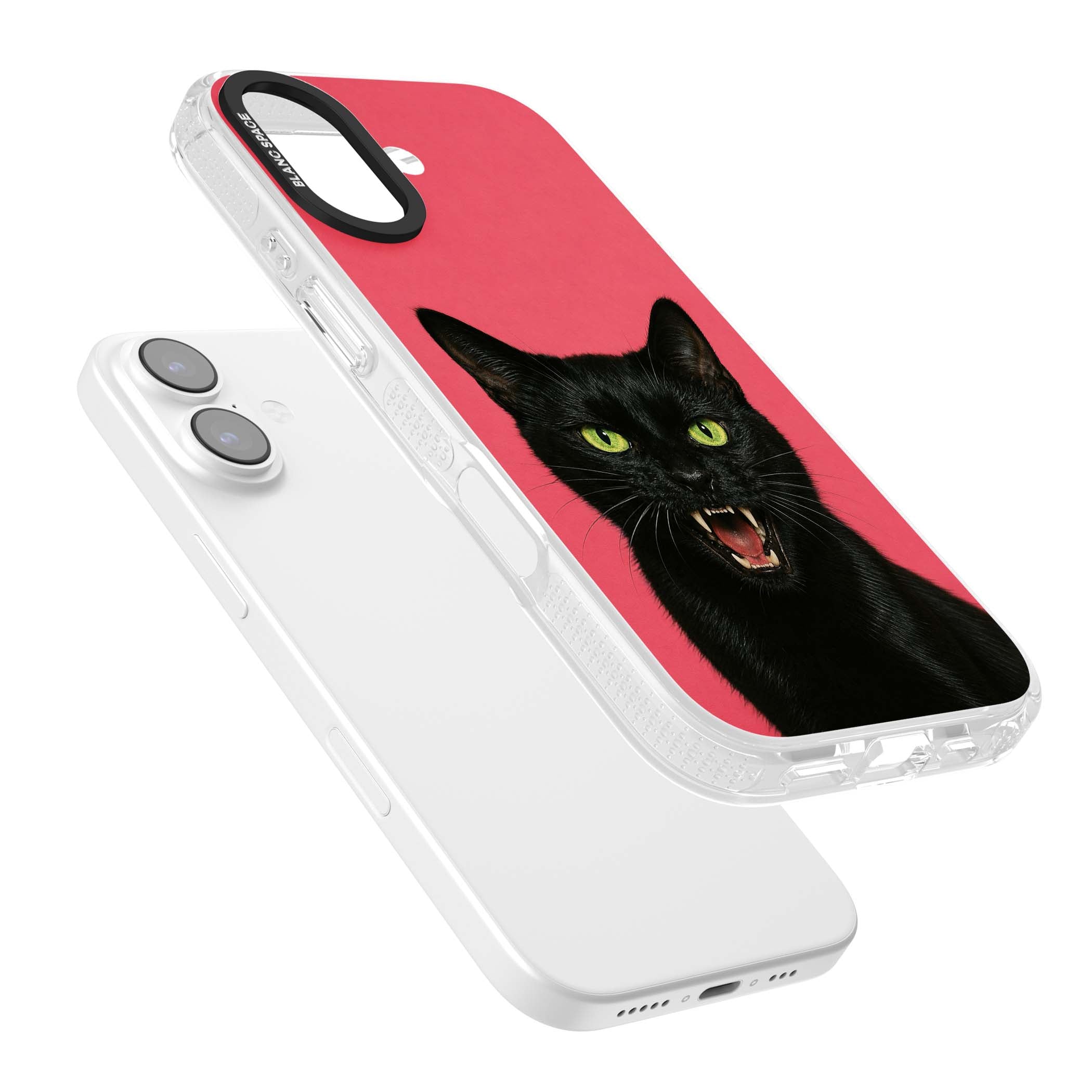 Hissin' Baddie black cat iPhone case featuring a hissing feline with green eyes on a hot pink background | Clear Case Impact Air case for iPhone 17