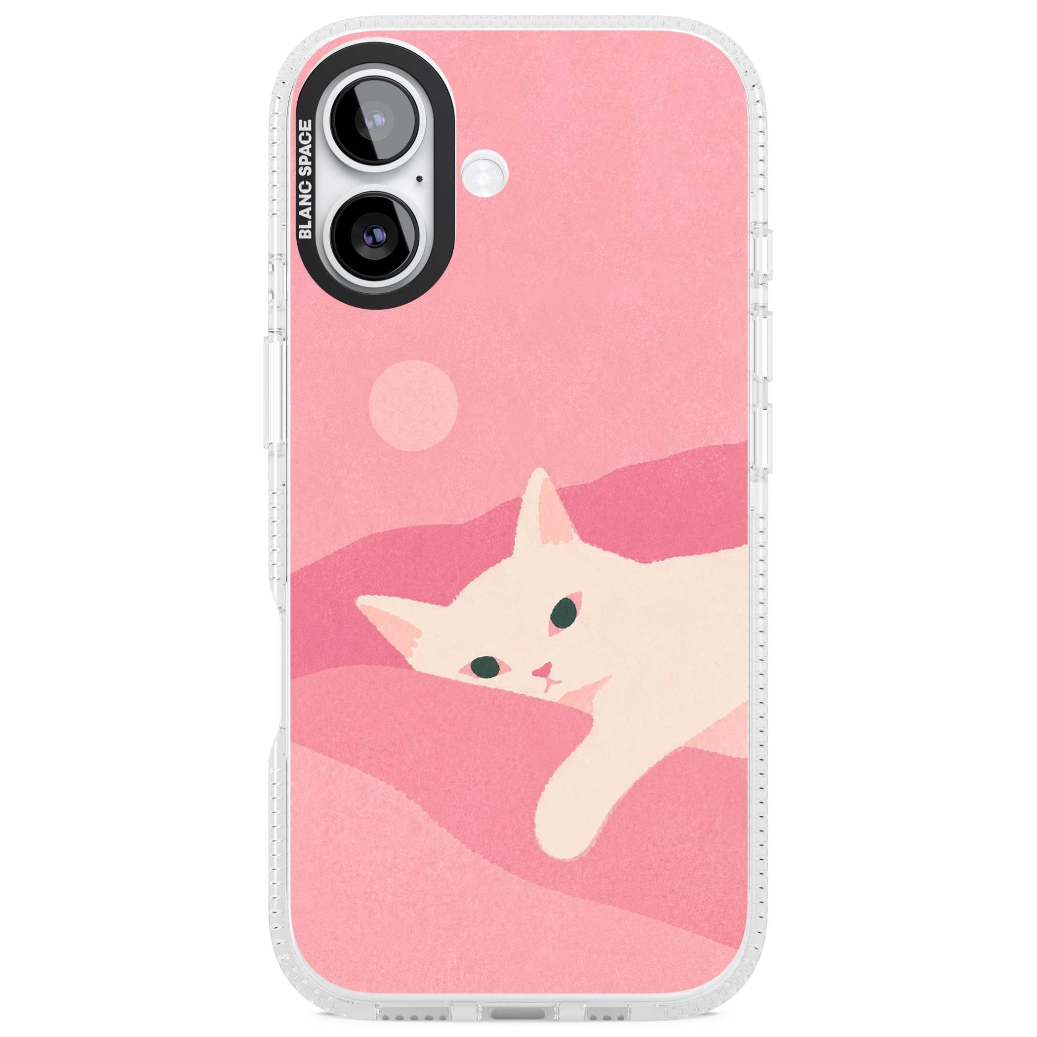 Pink Dreams cute cat iPhone case featuring a white kitten, soft pink hills and a pale pastel sun | Clear Case Impact Air case for iPhone 17