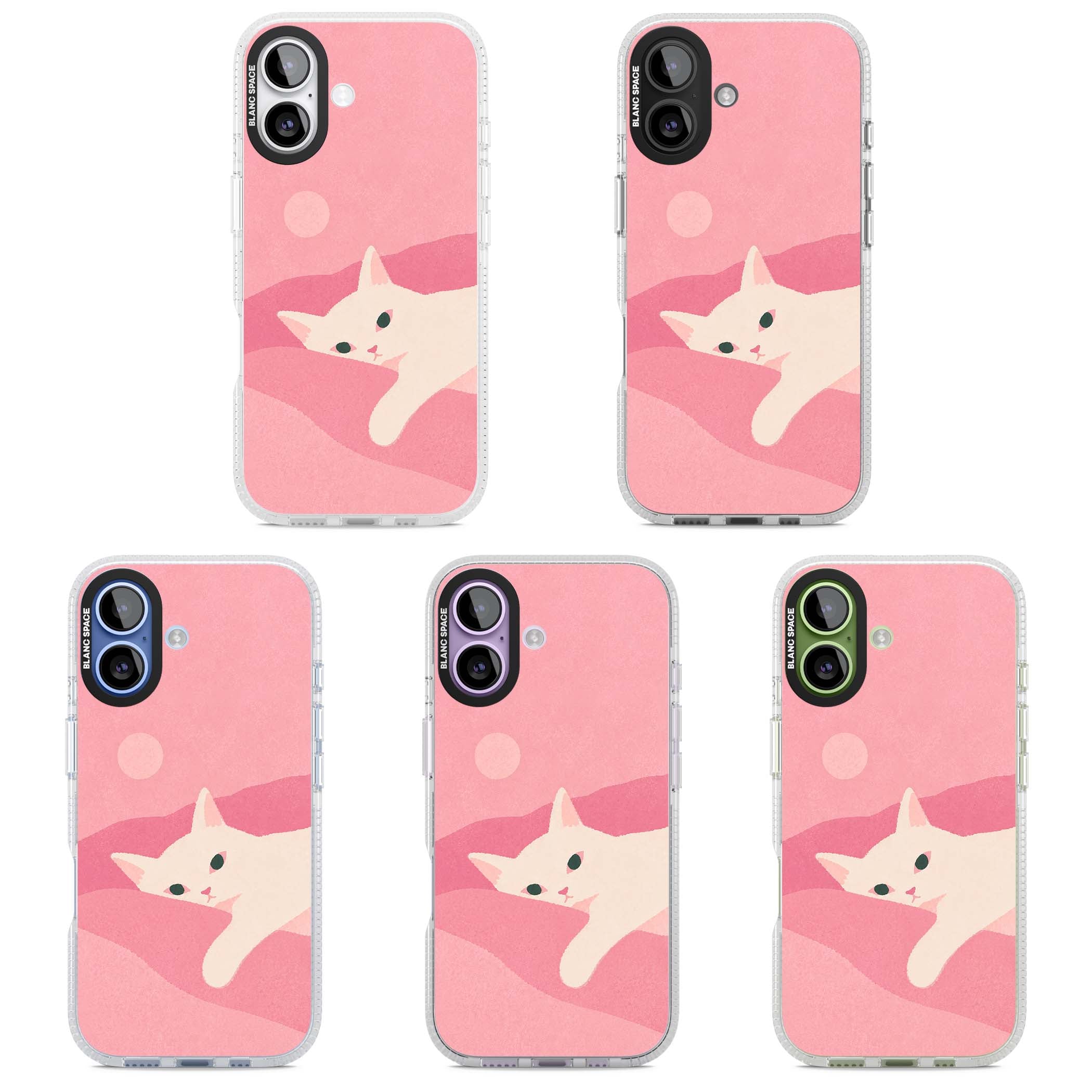 Pink Dreams cute cat iPhone case featuring a white kitten, soft pink hills and a pale pastel sun | Clear Case Impact Air case for iPhone 17