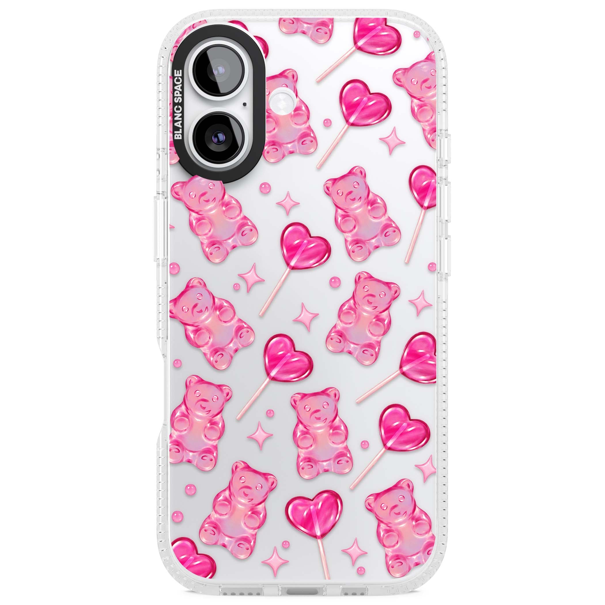 Pink Sugar pinkcore iPhone case featuring pink gummy bears, heart-shaped lollipops and sparkle stars | Clear Case Impact Air case for iPhone 17