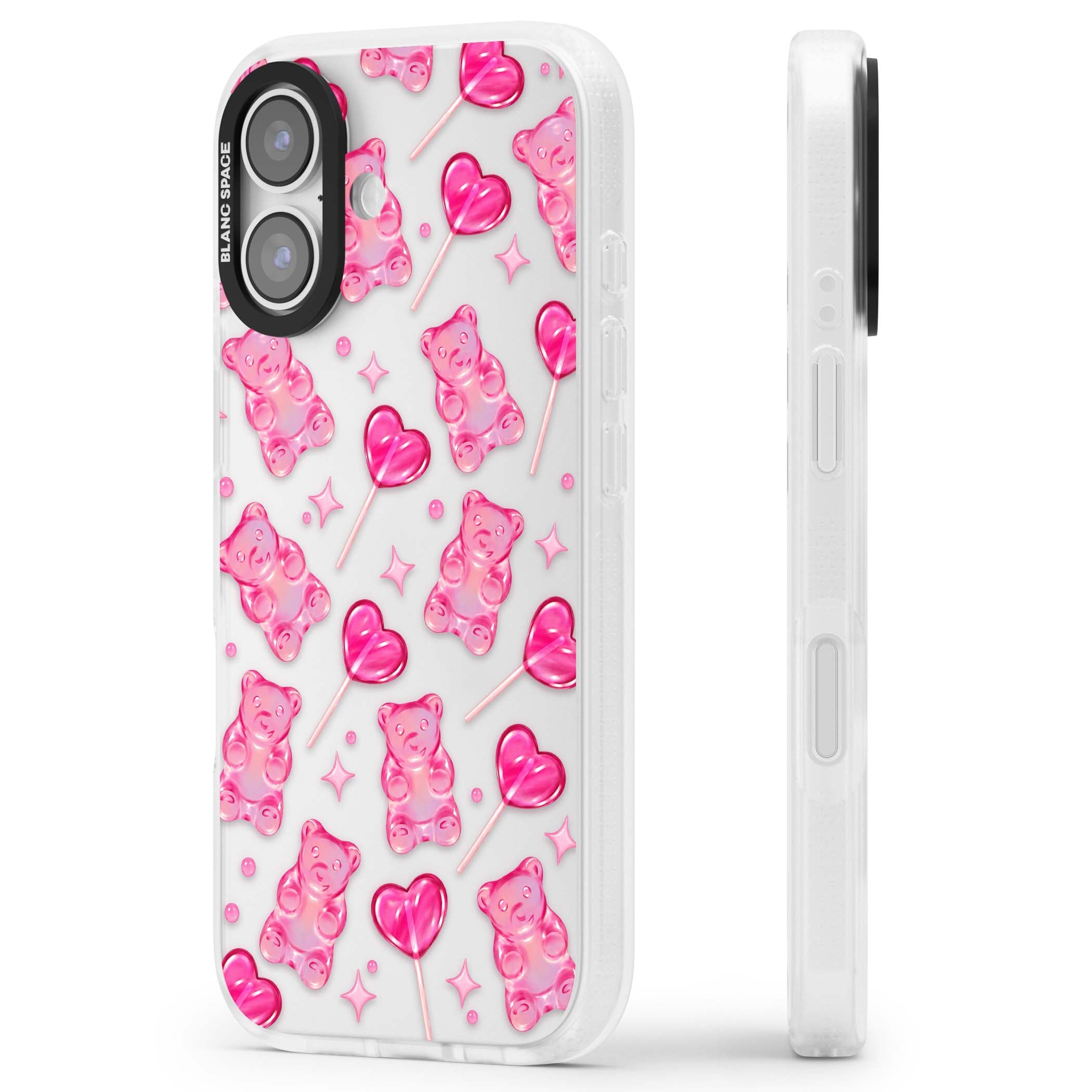 Pink Sugar pinkcore iPhone case featuring pink gummy bears, heart-shaped lollipops and sparkle stars | Clear Case Impact Air case for iPhone 17