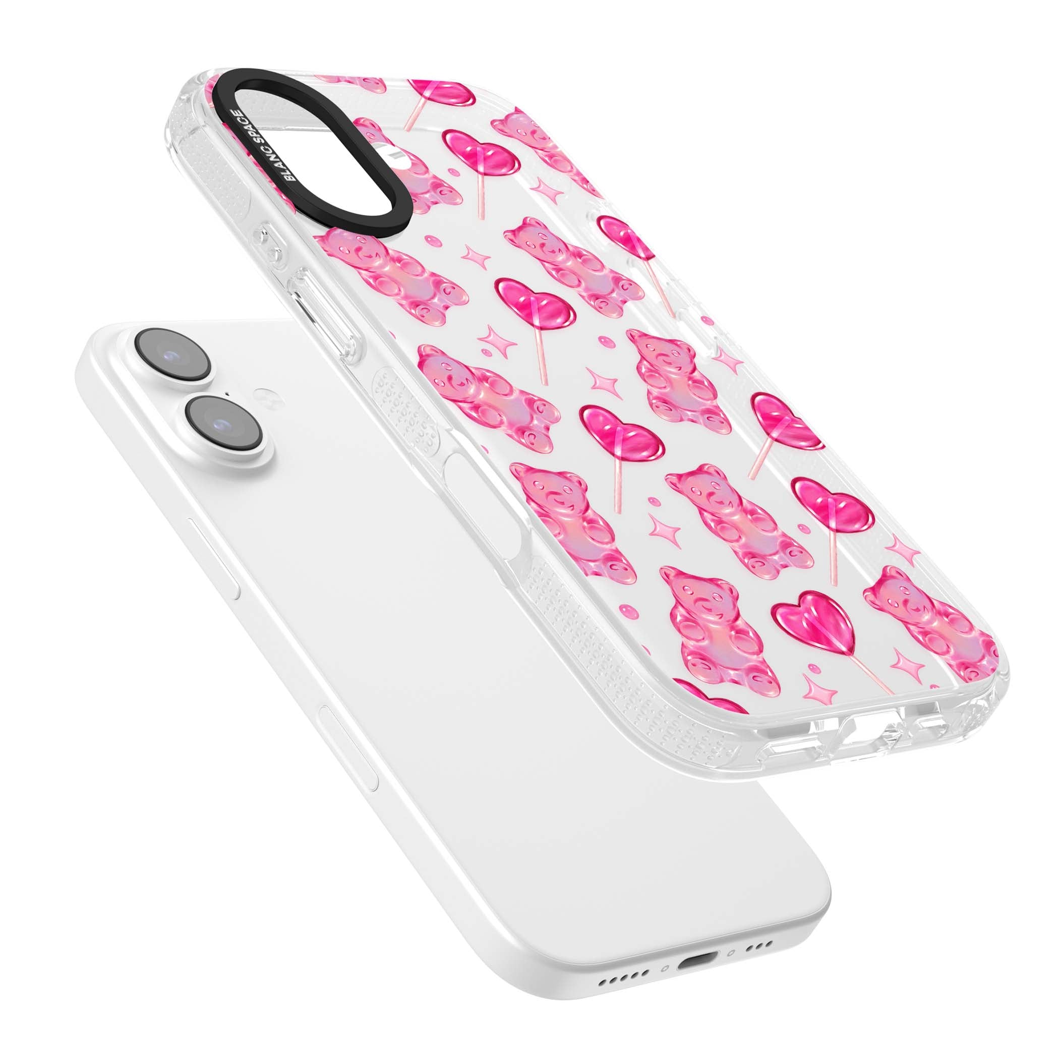 Pink Sugar pinkcore iPhone case featuring pink gummy bears, heart-shaped lollipops and sparkle stars | Clear Case Impact Air case for iPhone 17