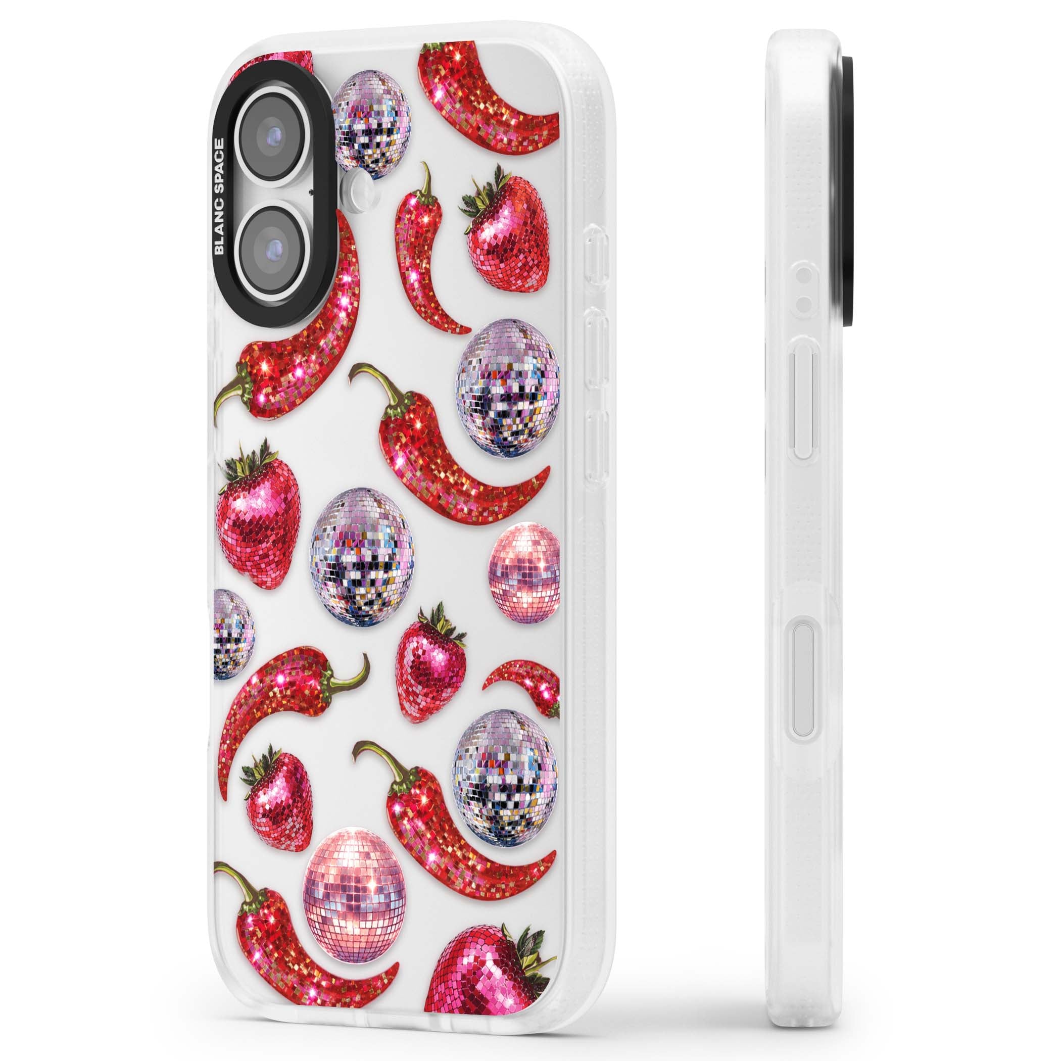 Spicy Disco Y2K iPhone case featuring glitter disco balls, sparkly strawberries and red chilli peppers | Clear Case Impact Air case for iPhone 17