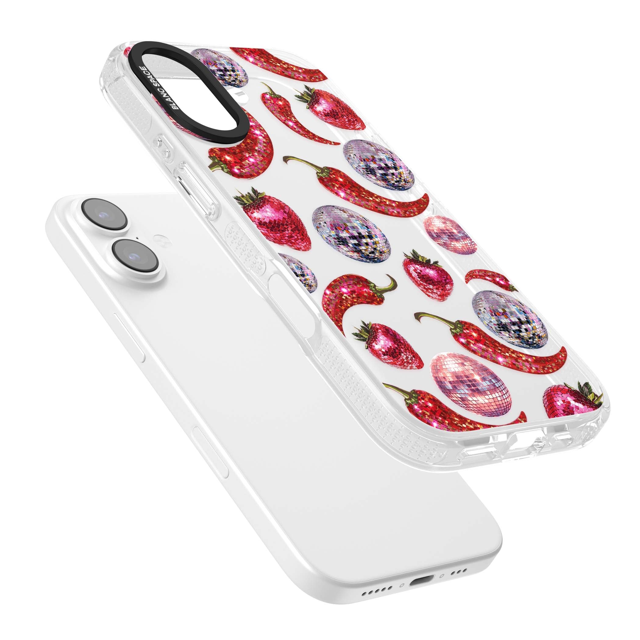 Spicy Disco Y2K iPhone case featuring glitter disco balls, sparkly strawberries and red chilli peppers | Clear Case Impact Air case for iPhone 17