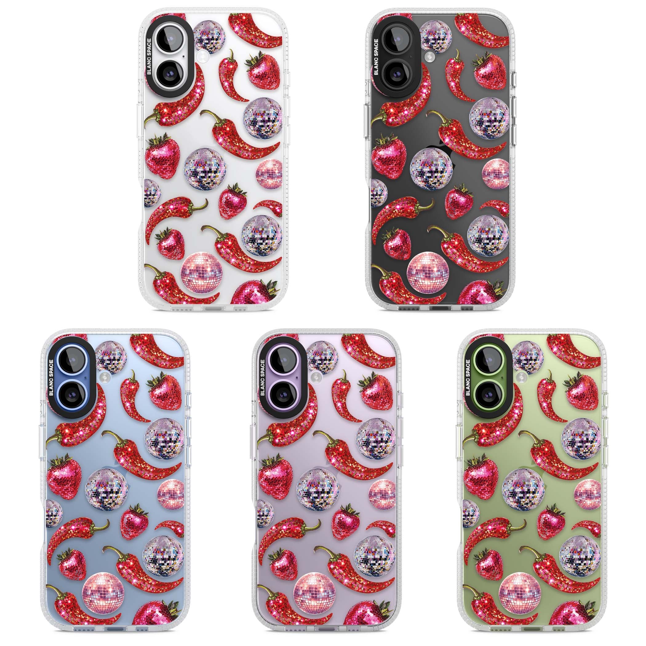 Spicy Disco Y2K iPhone case featuring glitter disco balls, sparkly strawberries and red chilli peppers | Clear Case Impact Air case for iPhone 17