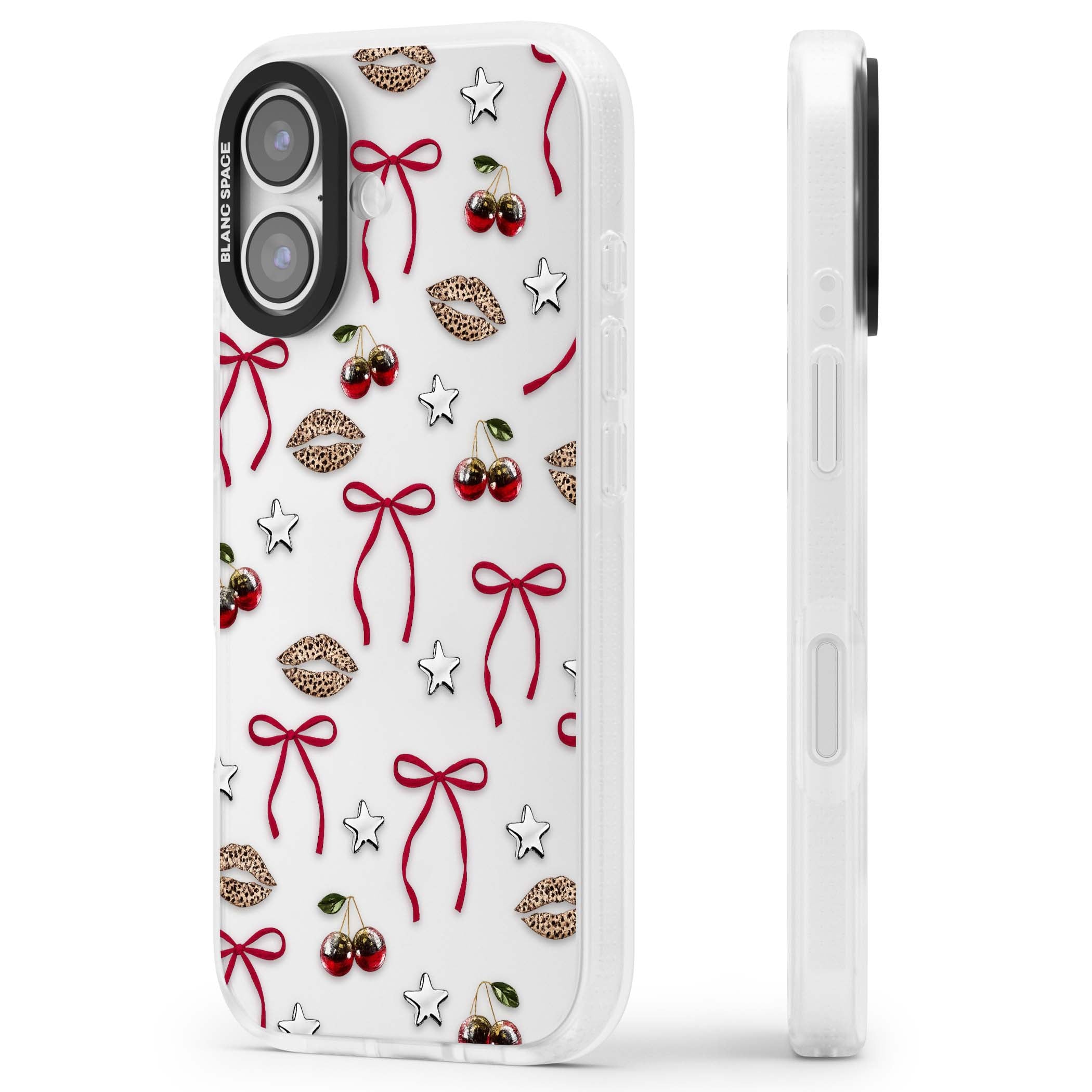 Starlet coquette iPhone case featuring red ribbon bows, disco cherries and leopard-print lips | Clear Case Impact Air case for iPhone 17