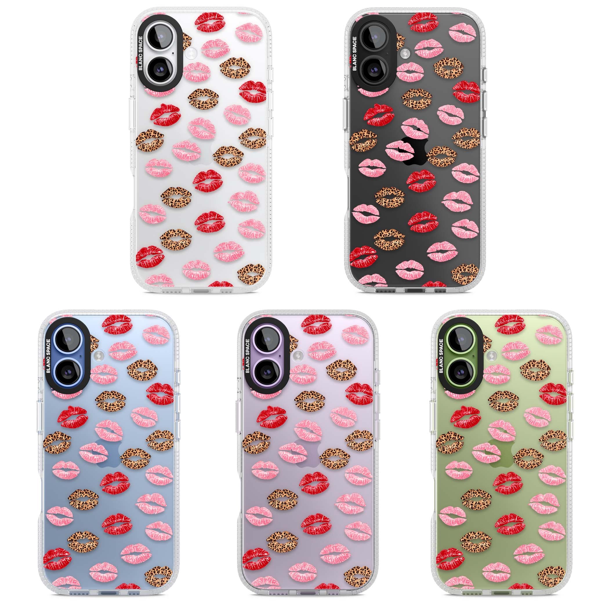 Wild Kisses coquette iPhone case featuring red, pink and leopard print lipstick kiss marks on a clear background | Clear Case Impact Air case for iPhone 17
