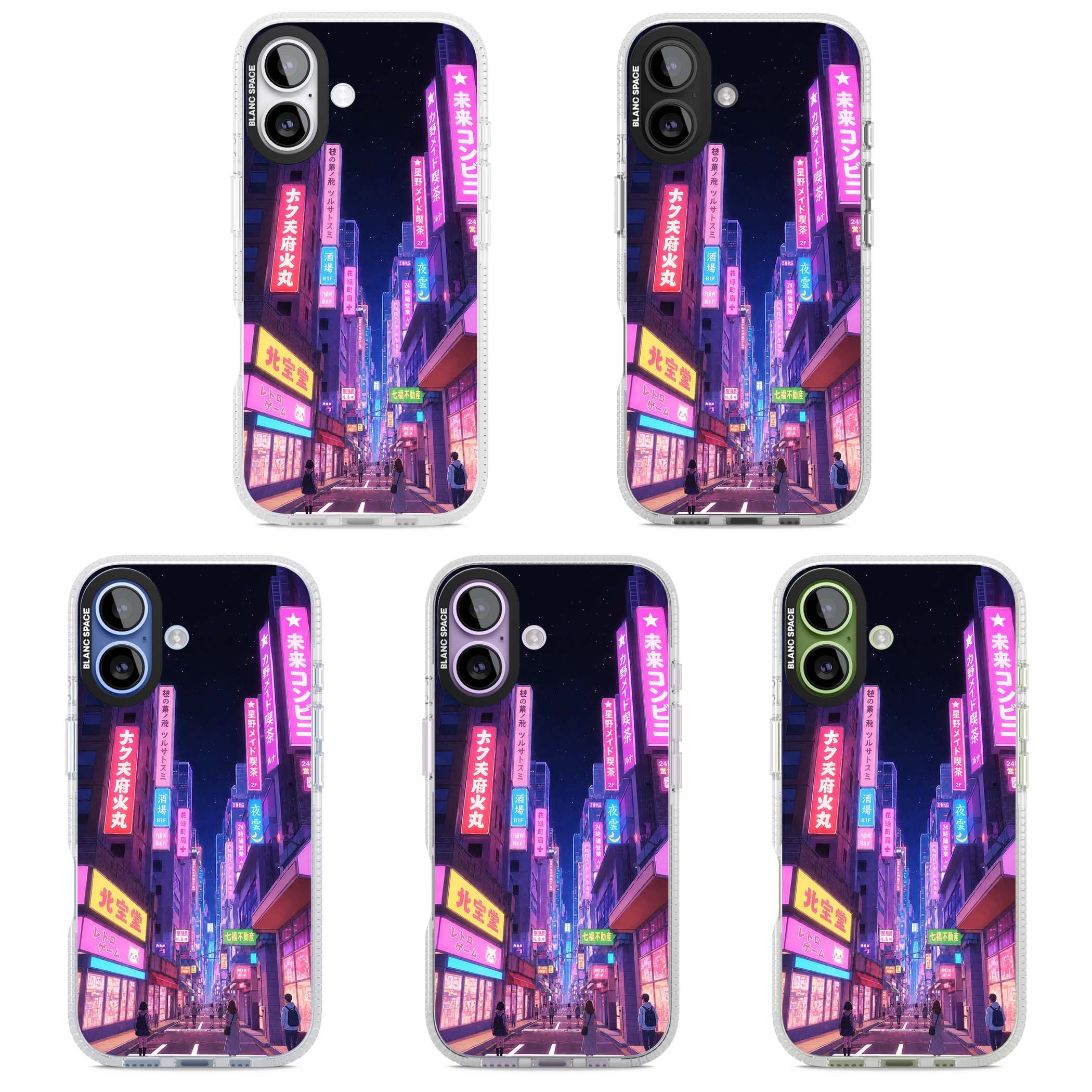 Shibuya At Night Japanese neon city iPhone case featuring glowing kanji signs, pink storefronts and a Tokyo street at n | Clear Case Impact Air case for iPhone 17