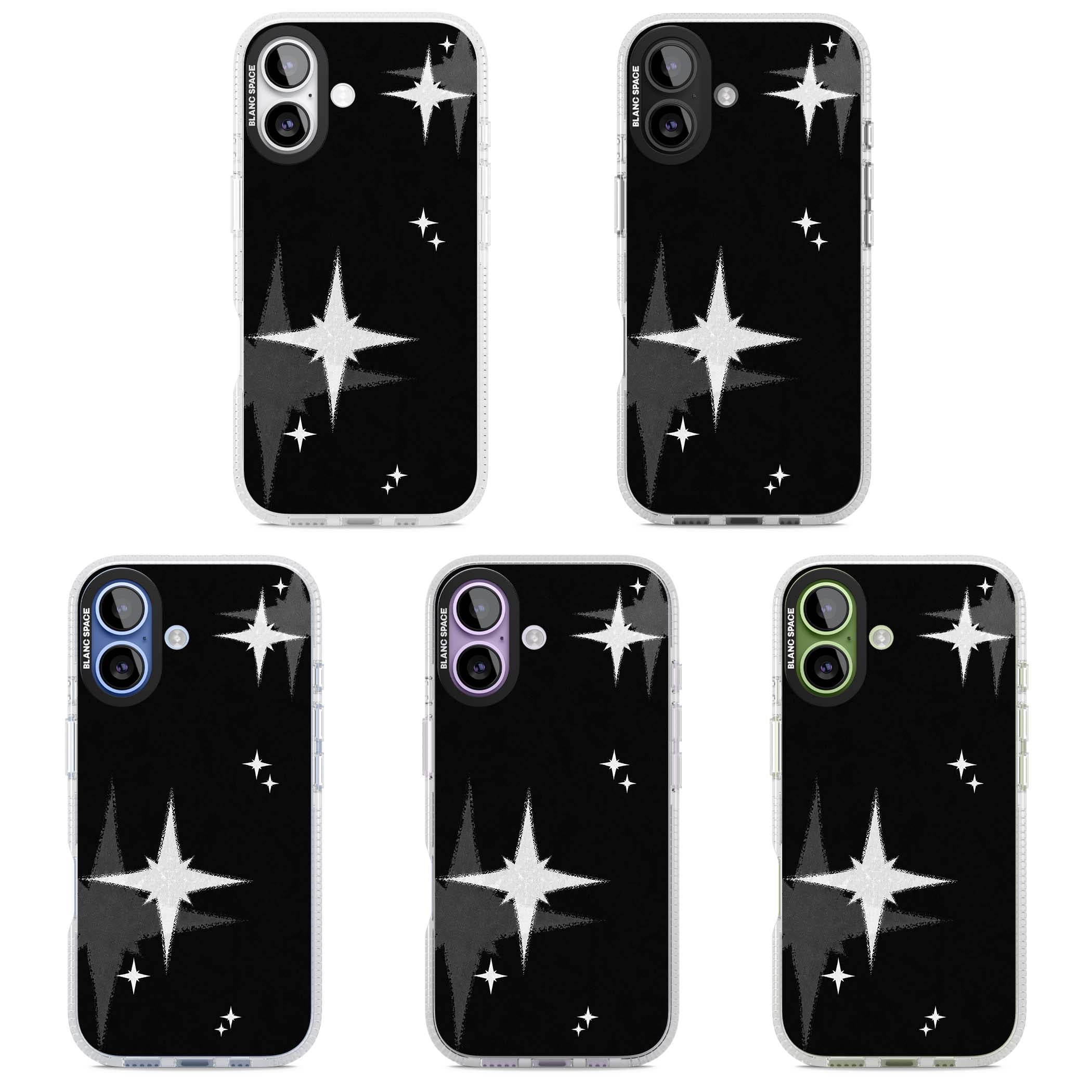 Black Sparkle celestial iPhone case featuring white sparkle stars on a black night sky background | Clear Case Impact Air case for iPhone 17