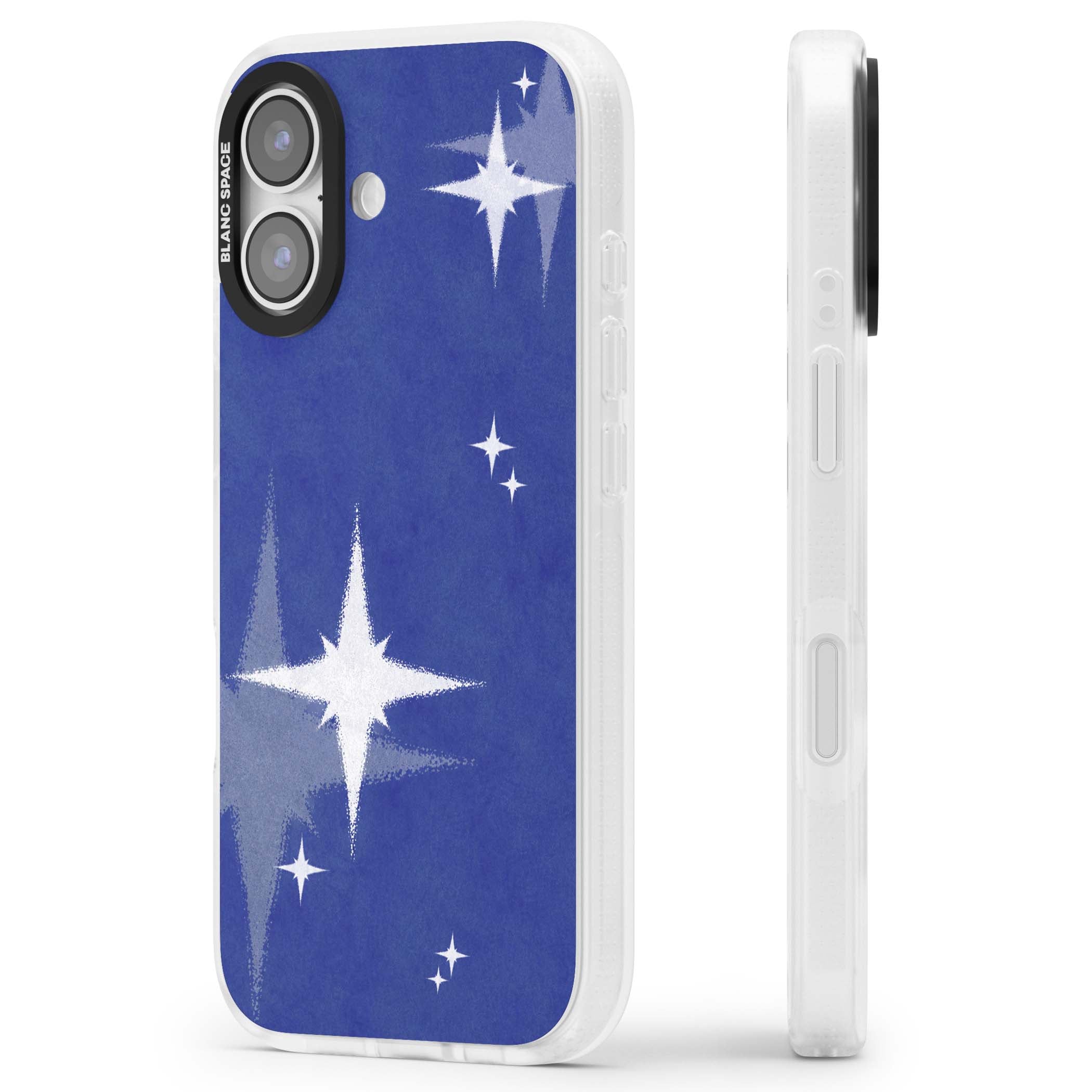 Blue Sparkle celestial iPhone case featuring sparkling silver stars on a deep blue painterly night sky | Clear Case Impact Air case for iPhone 17