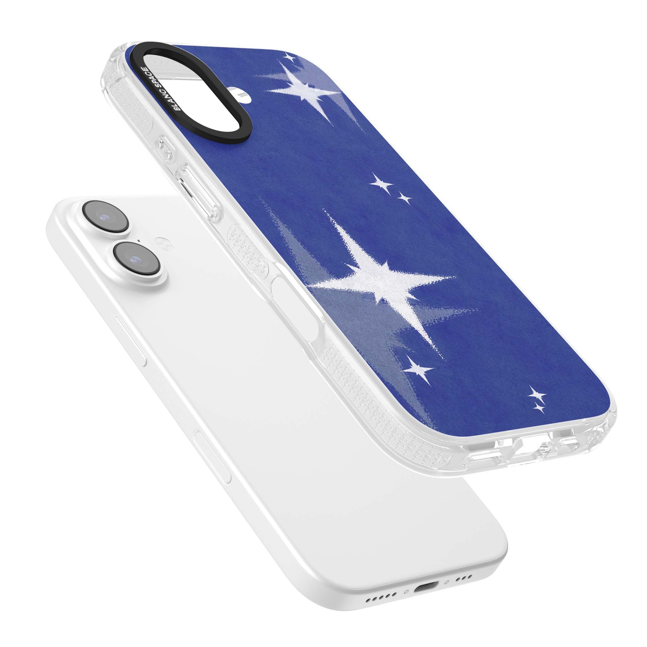 Blue Sparkle celestial iPhone case featuring sparkling silver stars on a deep blue painterly night sky | Clear Case Impact Air case for iPhone 17
