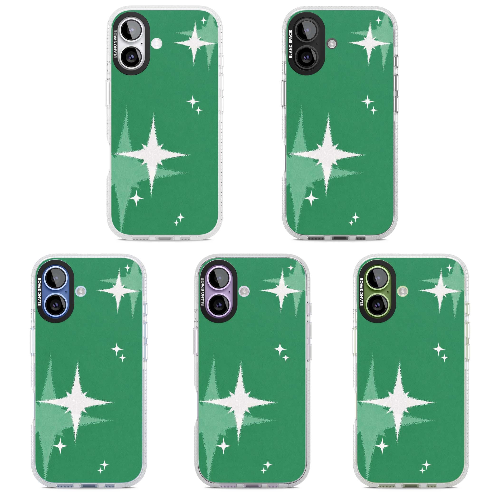 Green Sparkle celestial iPhone case featuring sparkling white four-point stars on a deep green background | Clear Case Impact Air case for iPhone 17