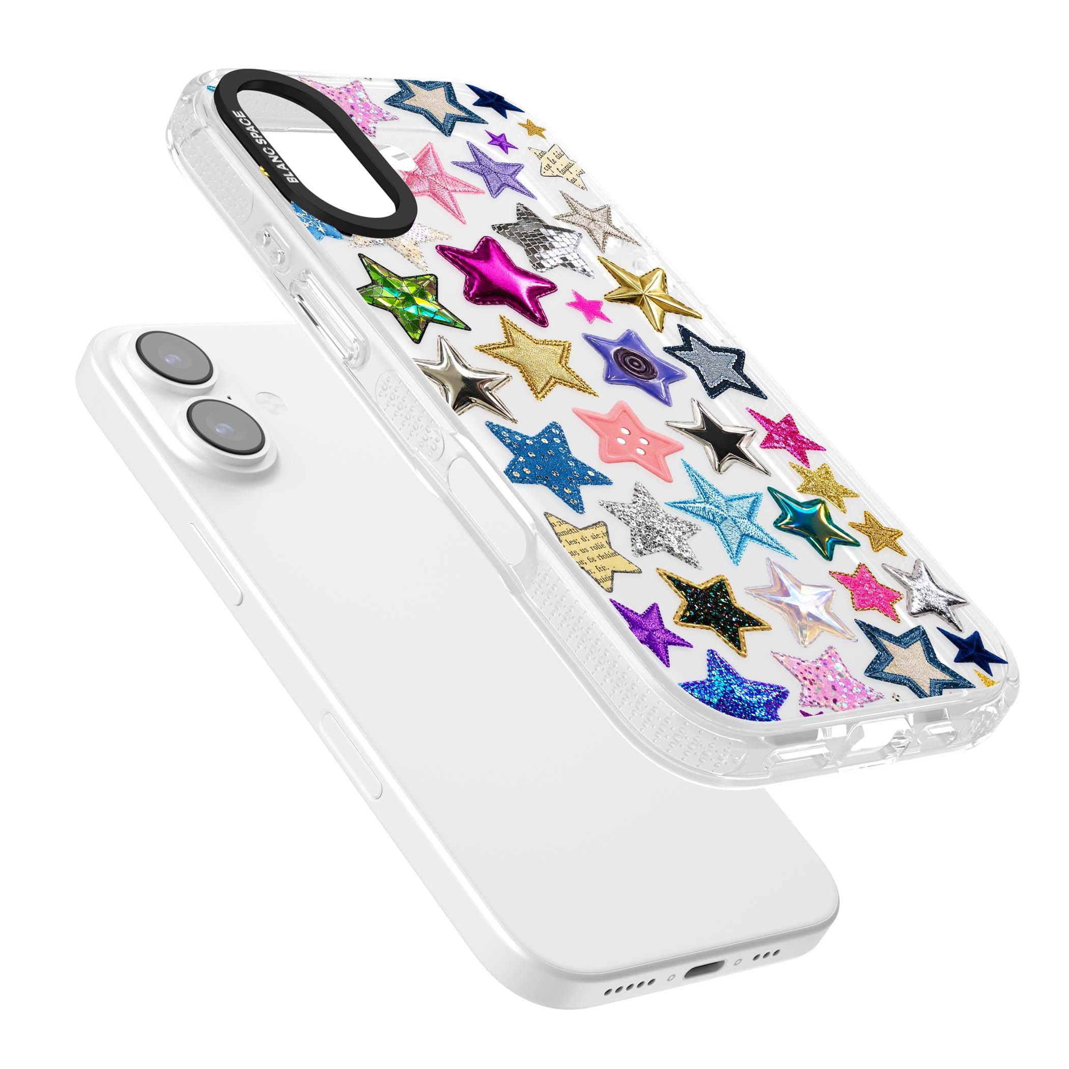 Crafty Star Mix Y2K iPhone case featuring embroidered, sequinned and glitter star patches in rainbow colours | Clear Case Impact Air case for iPhone 17