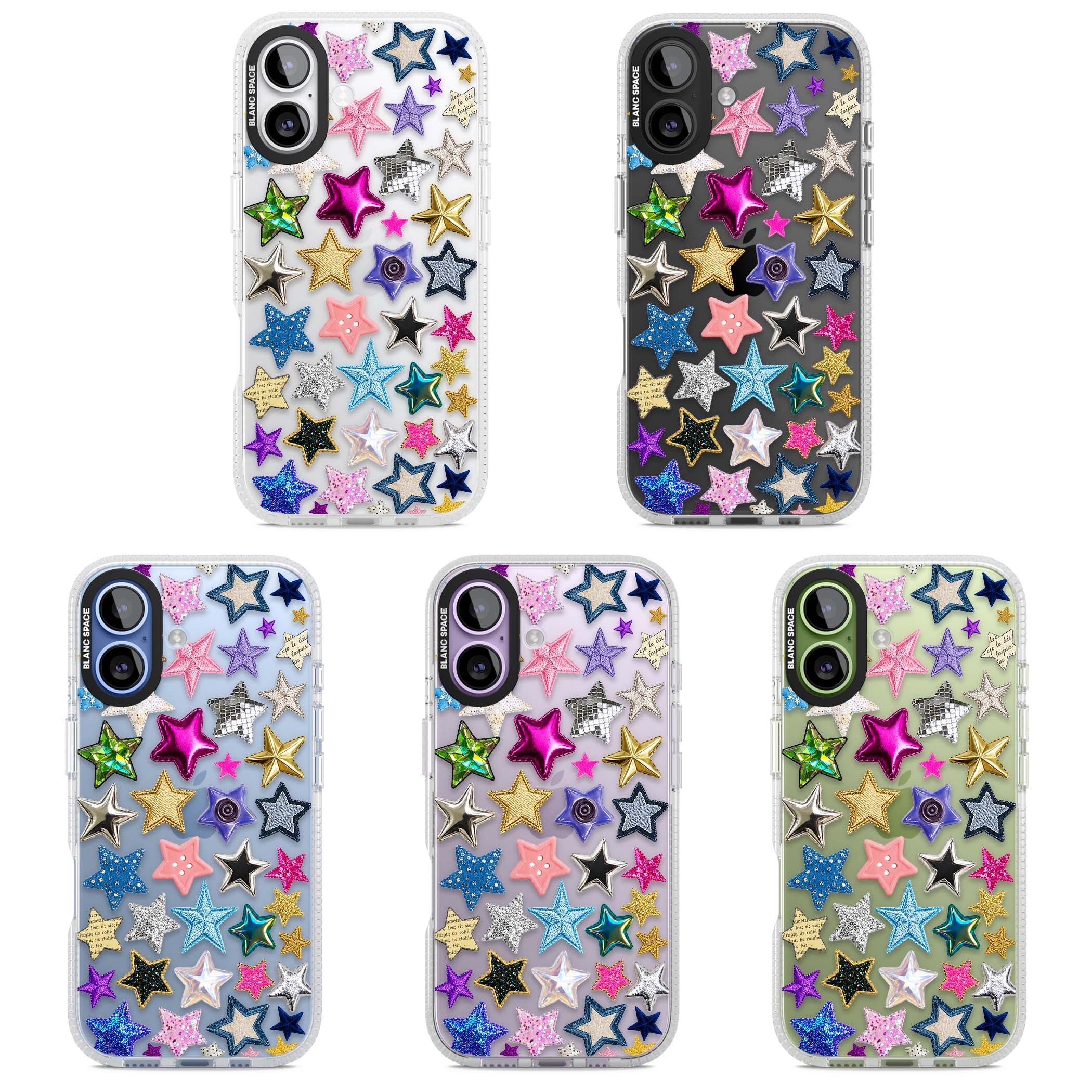 Crafty Star Mix Y2K iPhone case featuring embroidered, sequinned and glitter star patches in rainbow colours | Clear Case Impact Air case for iPhone 17