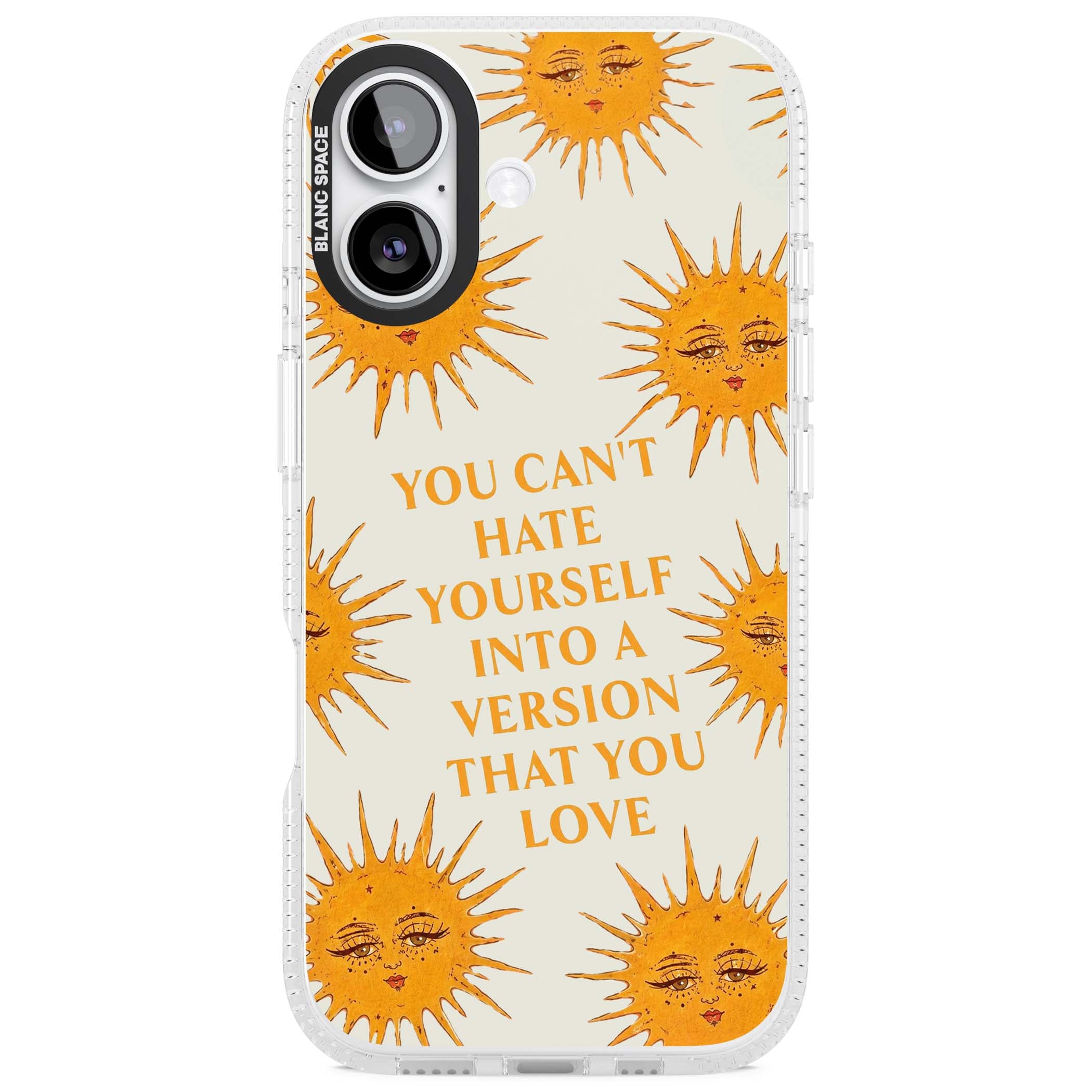 Don't Hate Yourself celestial iPhone case featuring vintage sun faces, ochre rays and a self-love quote | Clear Case Impact Air case for iPhone 17