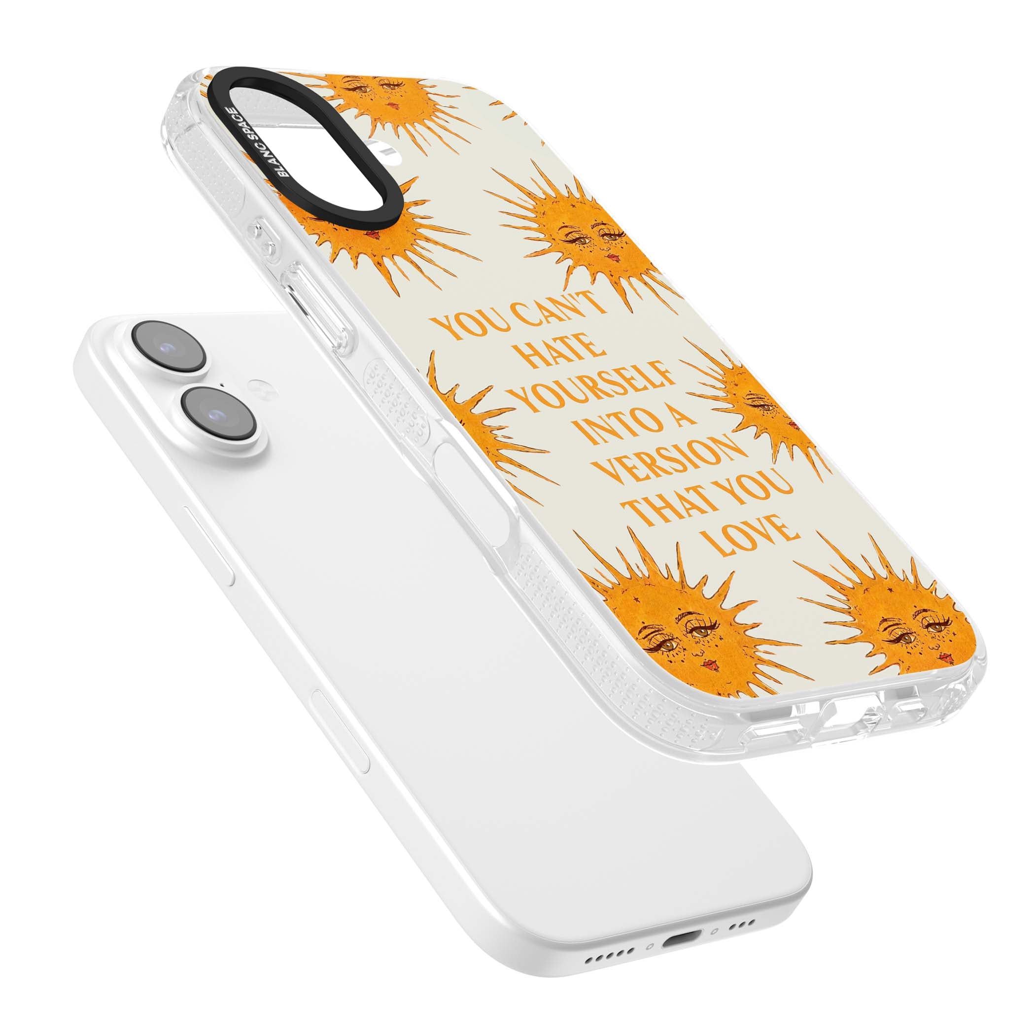 Don't Hate Yourself celestial iPhone case featuring vintage sun faces, ochre rays and a self-love quote | Clear Case Impact Air case for iPhone 17