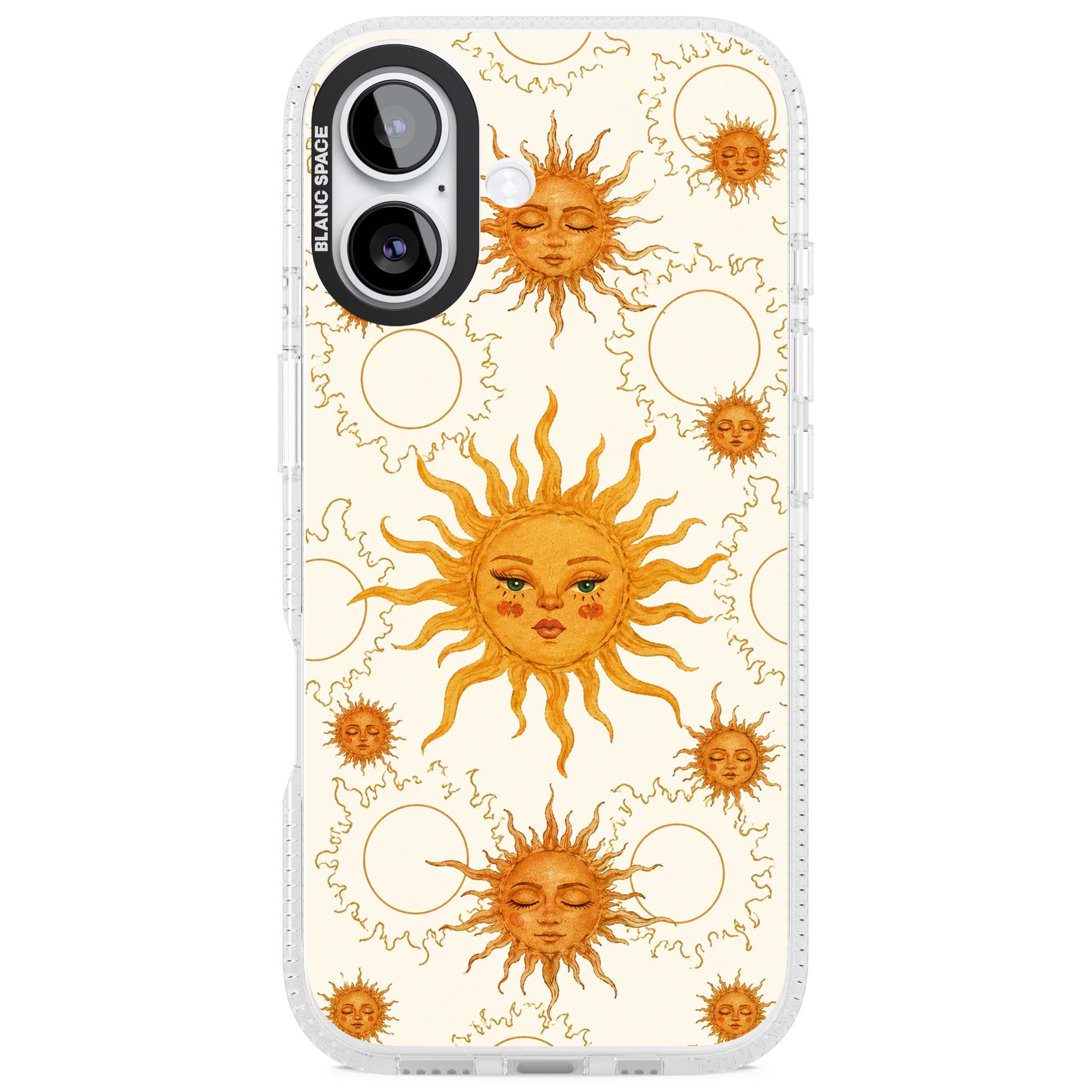 Solstice Muse celestial iPhone case featuring hand-painted golden sun faces, closed-eye sun goddesses and outlined moons... | Clear Case Impact Air case for iPhone 17