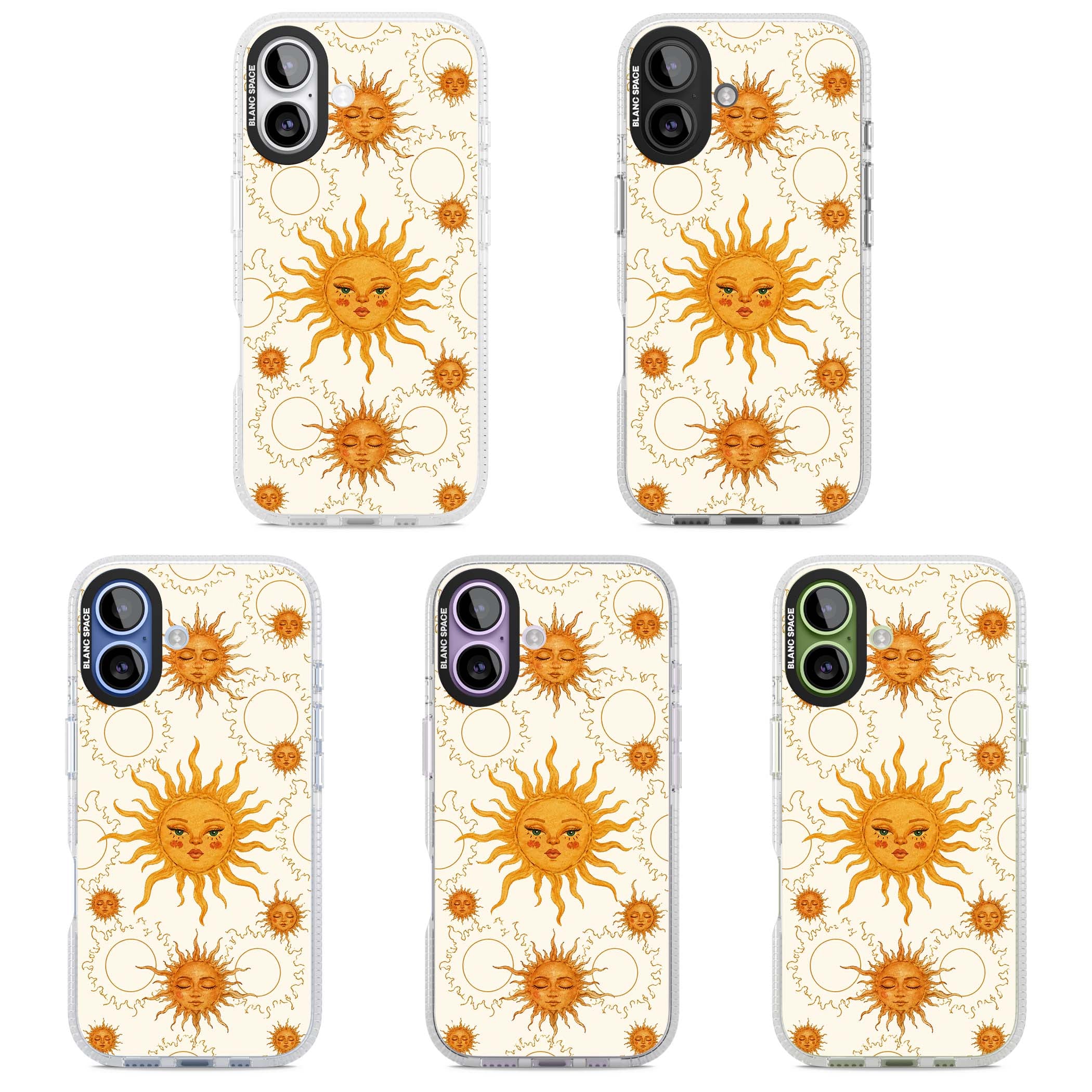 Solstice Muse celestial iPhone case featuring hand-painted golden sun faces, closed-eye sun goddesses and outlined moons... | Clear Case Impact Air case for iPhone 17