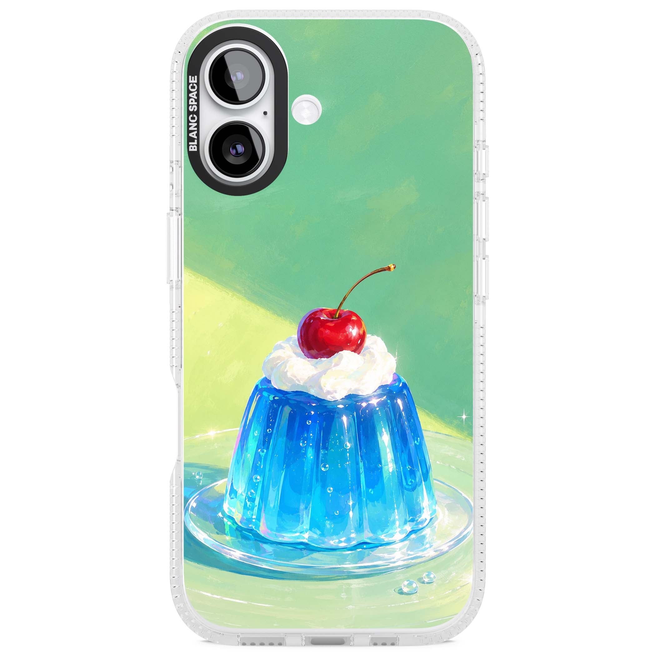 Cherry Jelly kawaii dessert iPhone case featuring blue jelly pudding, whipped cream and a red cherry | Clear Case Impact Air case for iPhone 17